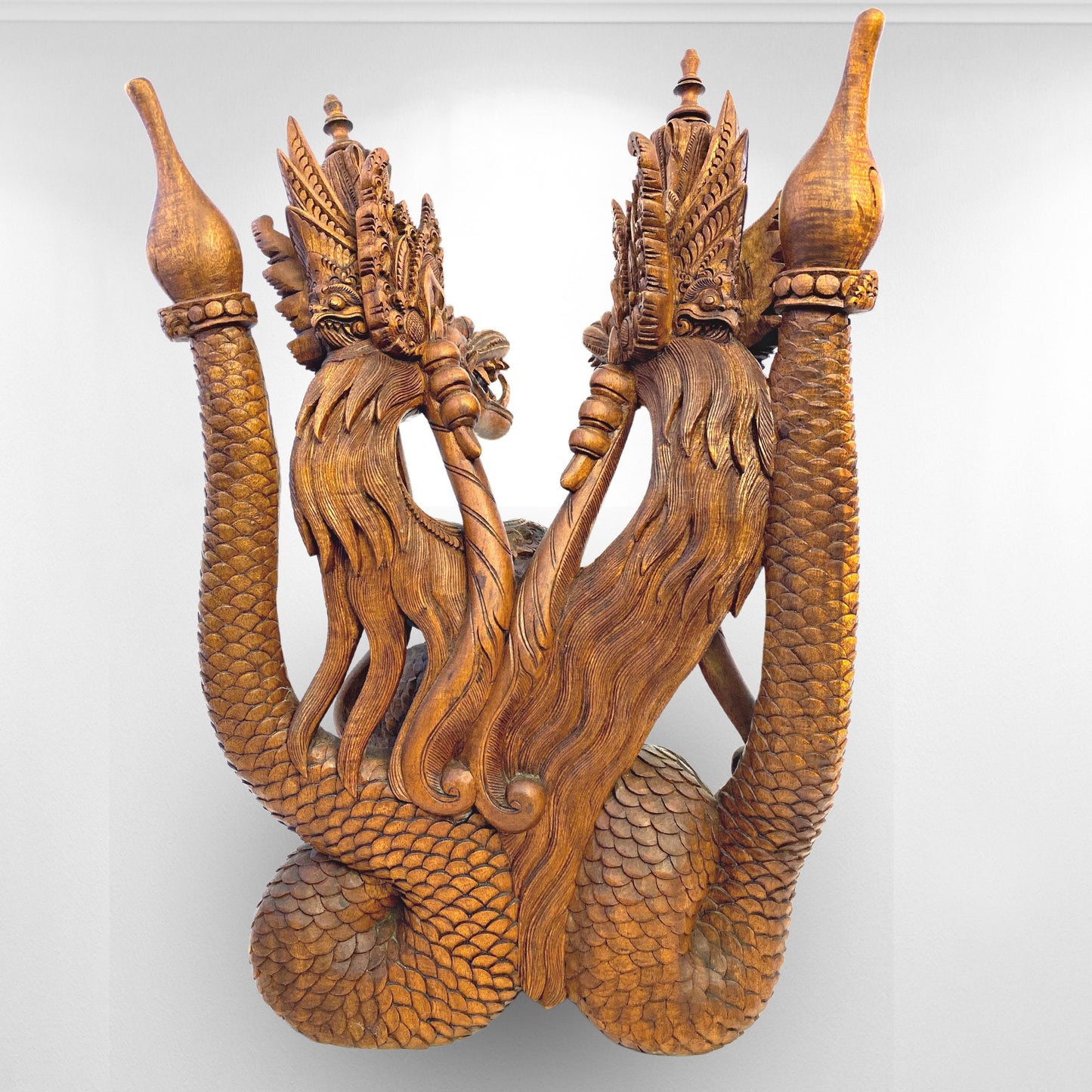Twin Dragon Cosmic Naga Basuki Antaboga Statue Hand Carved Suar Wood Carving Sculpture Balinese handcrafted Folk Art - Acadia World Traders