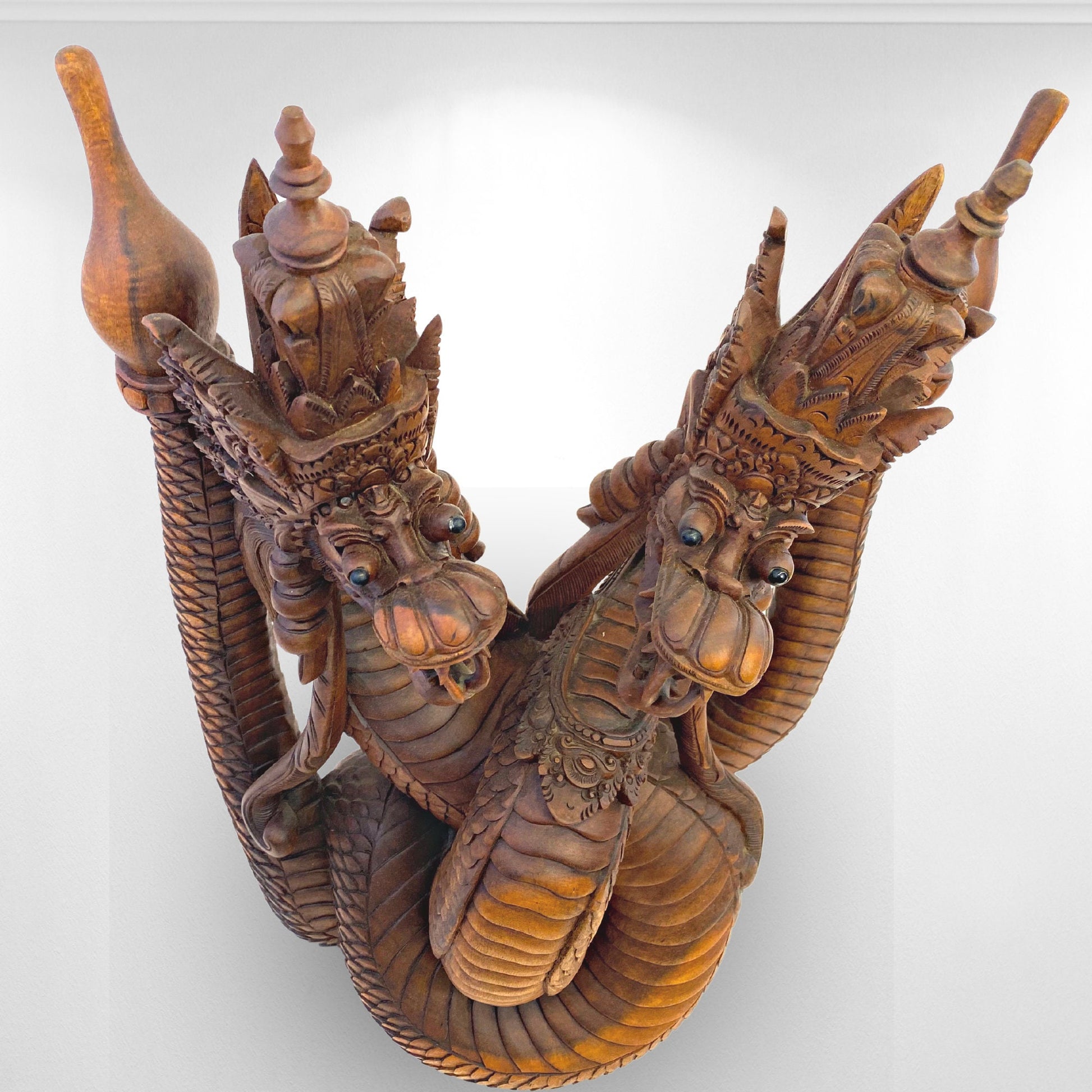 Twin Dragon Cosmic Naga Basuki Antaboga Statue Hand Carved Suar Wood Carving Sculpture Balinese handcrafted Folk Art - Acadia World Traders
