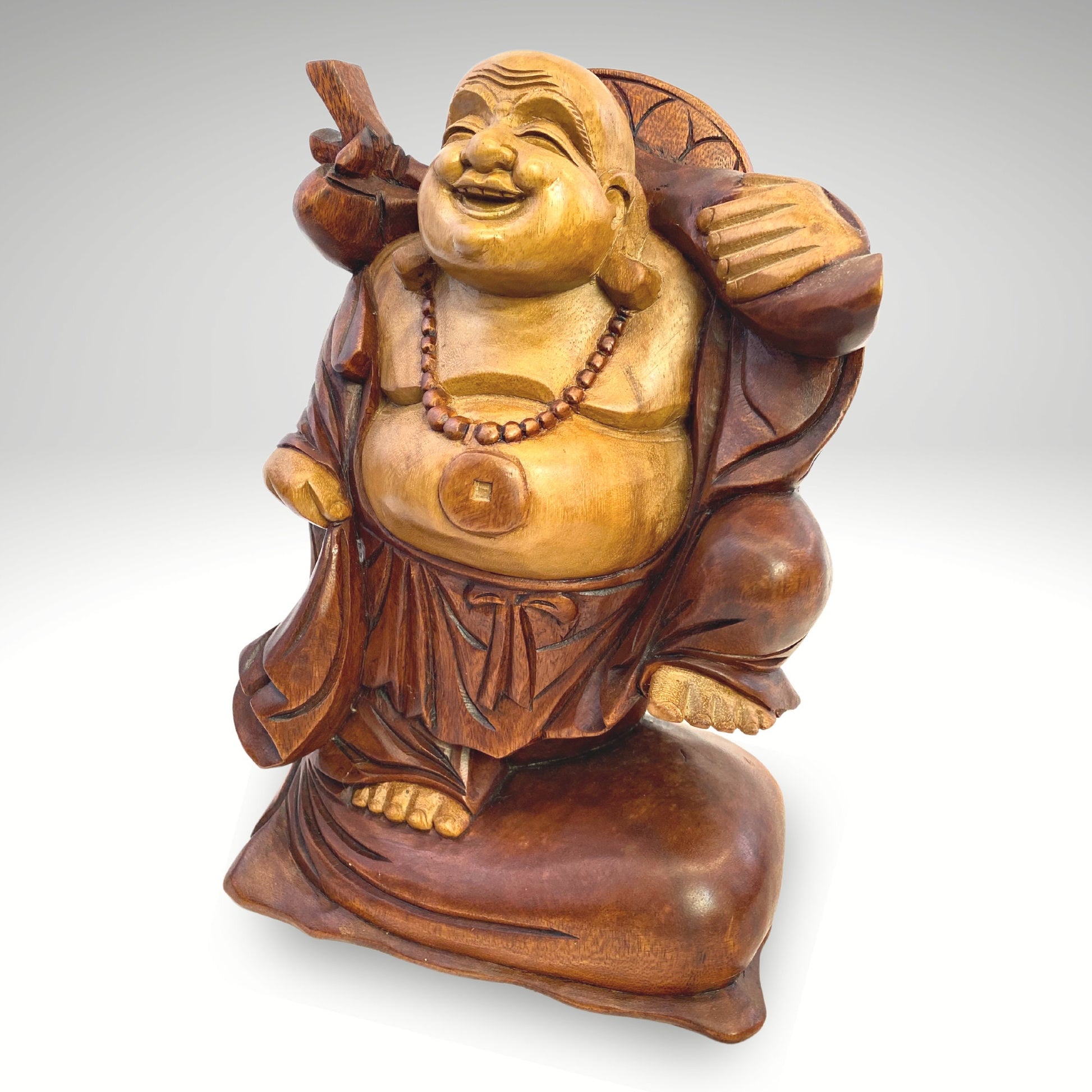 Laughing Traveling Buddha Statue Hand Carved Wood Sculpture Carving Hotei Budai Monk Good Luck Prosperity Bali Art - Acadia World Traders