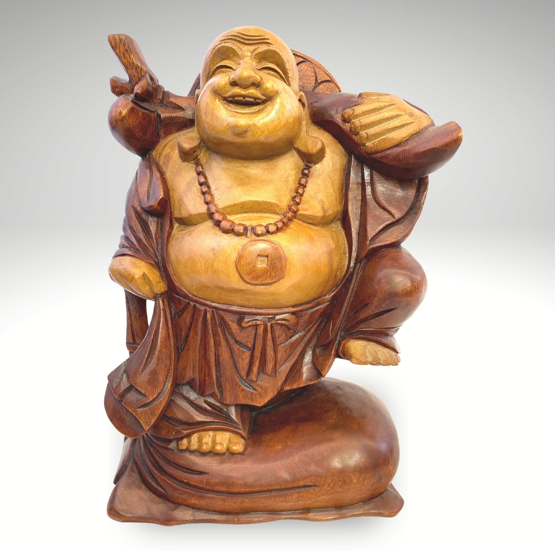 Laughing Traveling Buddha Statue Hand Carved Wood Sculpture Carving Hotei Budai Monk Good Luck Prosperity Bali Art - Acadia World Traders
