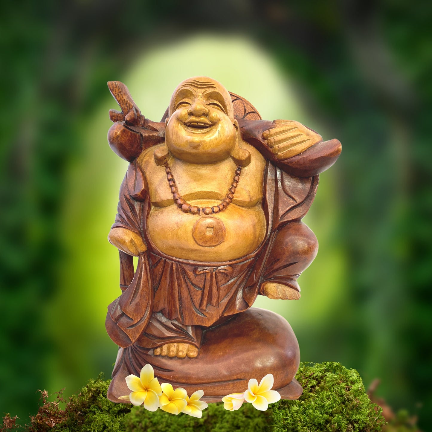 Laughing Traveling Buddha Statue Hand Carved Wood Sculpture Carving Hotei Budai Monk Good Luck Prosperity Bali Art - Acadia World Traders