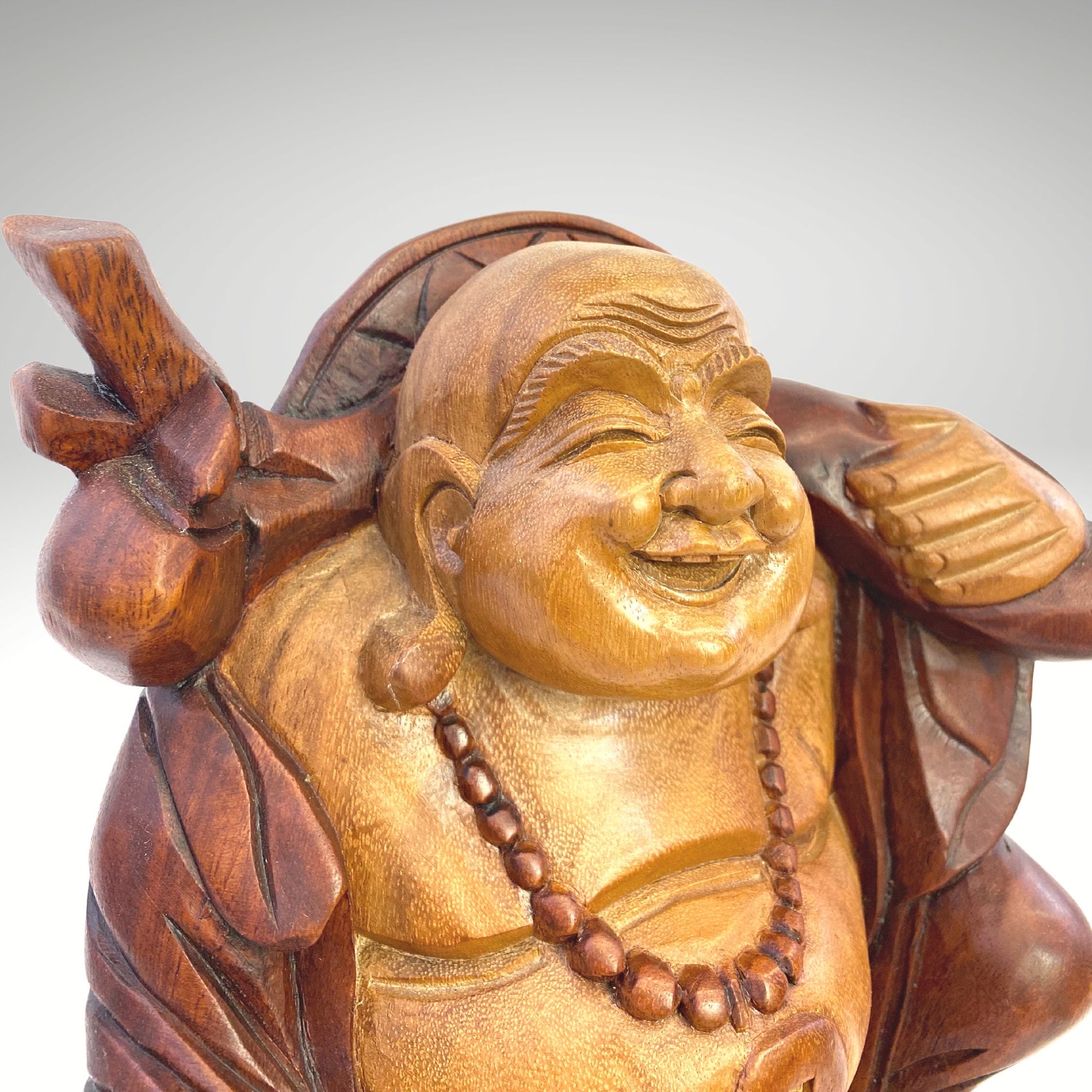 Laughing Traveling Buddha Statue Hand Carved Wood Sculpture Carving Hotei Budai Monk Good Luck Prosperity Bali Art - Acadia World Traders