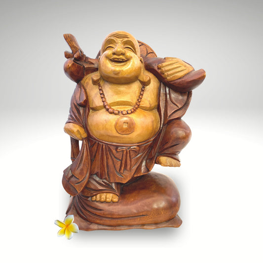 Laughing Traveling Buddha Statue Hand Carved Wood Sculpture Carving Hotei Budai Monk Good Luck Prosperity Bali Art - Acadia World Traders