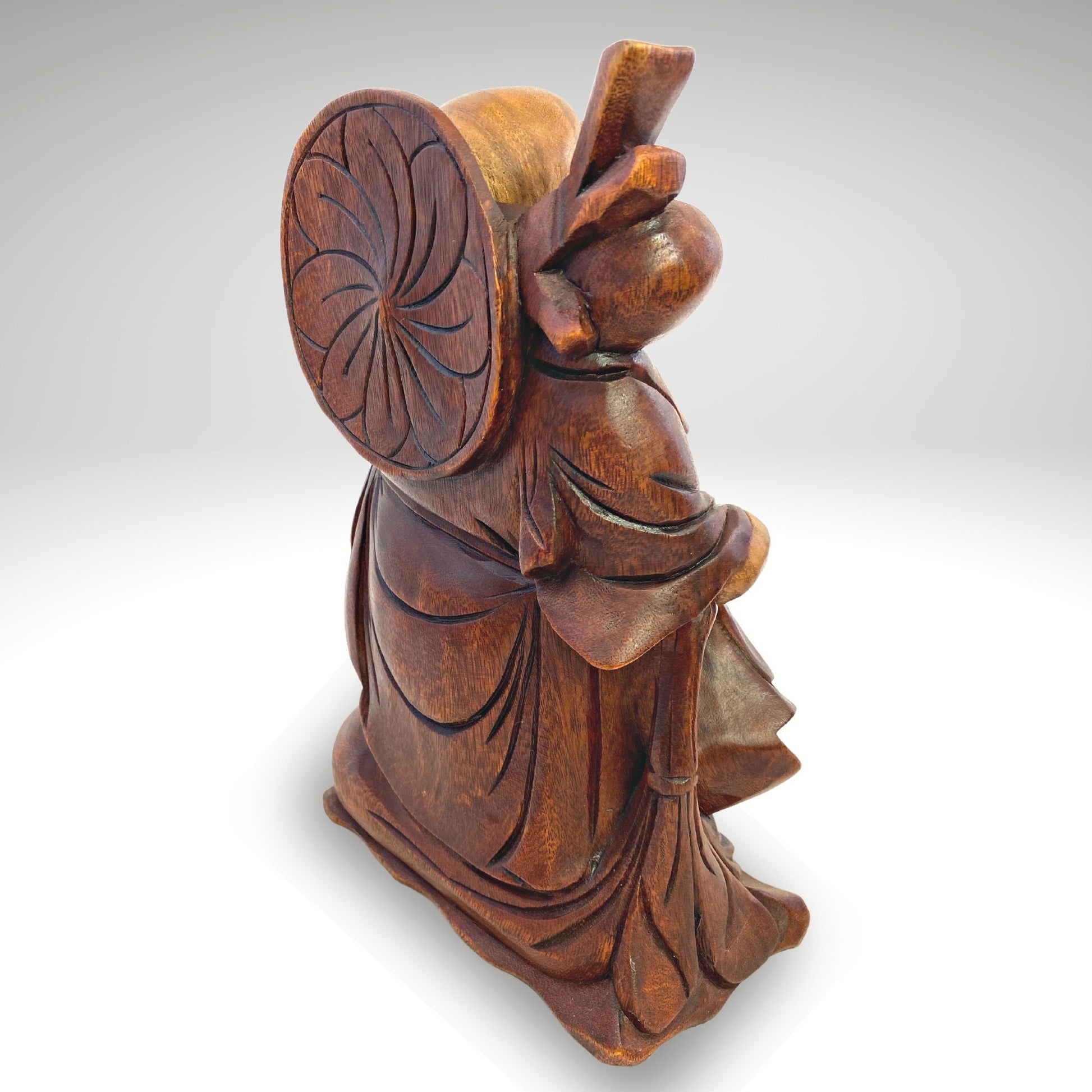Laughing Traveling Buddha Statue Hand Carved Wood Sculpture Carving Hotei Budai Monk Good Luck Prosperity Bali Art - Acadia World Traders