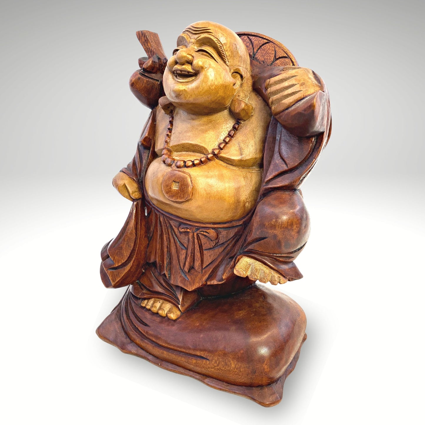 Laughing Traveling Buddha Statue Hand Carved Wood Sculpture Carving Hotei Budai Monk Good Luck Prosperity Bali Art - Acadia World Traders