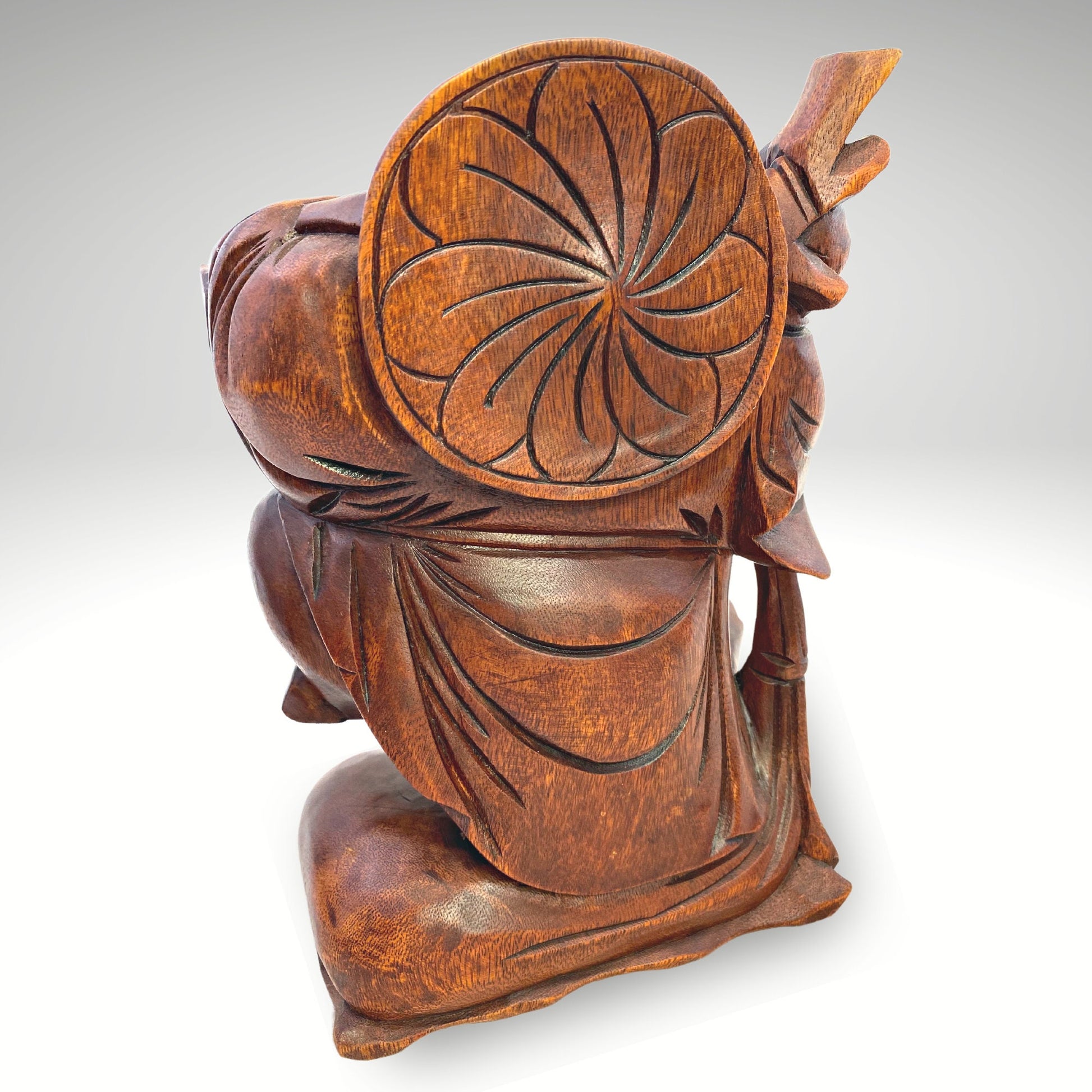 Laughing Traveling Buddha Statue Hand Carved Wood Sculpture Carving Hotei Budai Monk Good Luck Prosperity Bali Art - Acadia World Traders