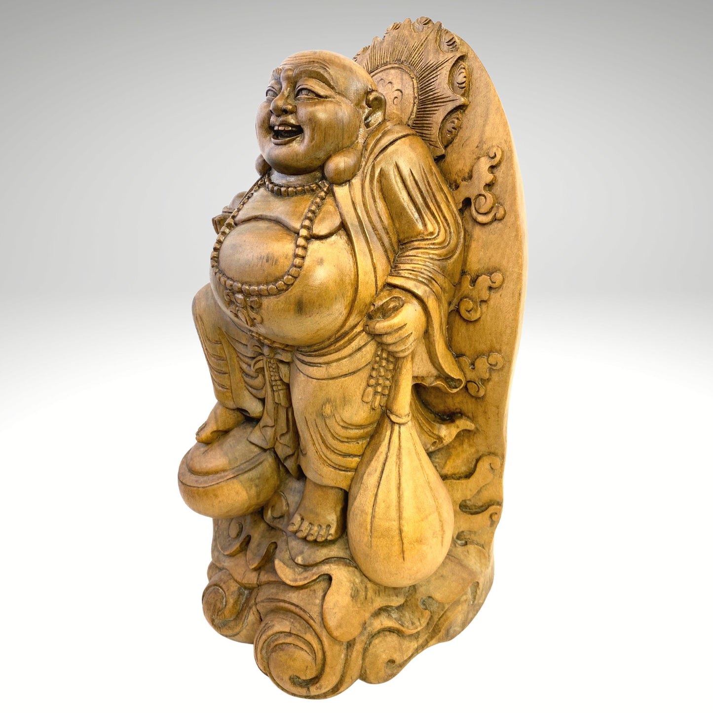 Vintage Hotei Statue Laughing Buddha Traveling Budai  Monk Sculpture Prosperity Good Luck Fortune hand carved suar wood Carving Bali Art - Acadia World Traders