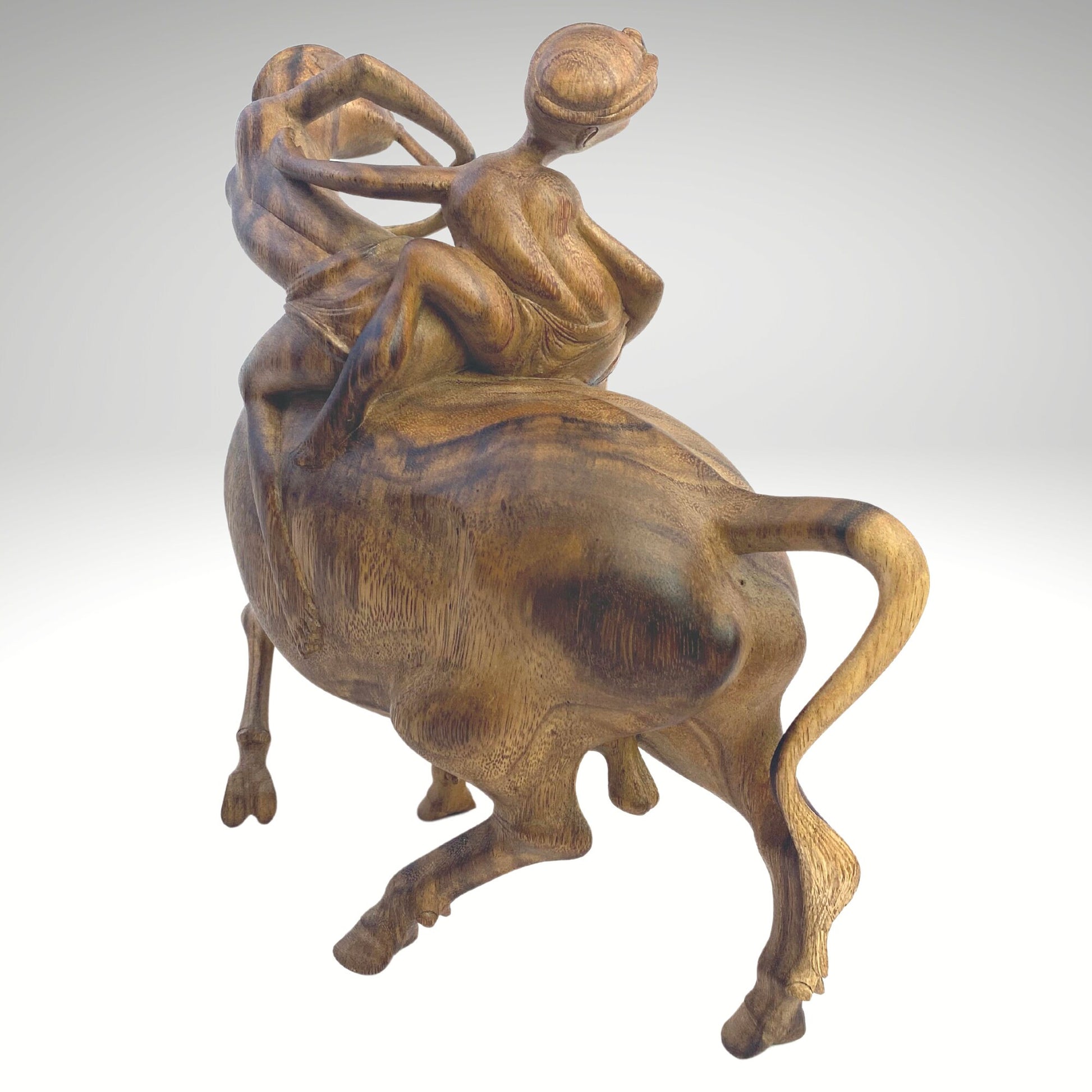 Balinese Playful Boys Riding Water Buffalo While Playing Flute Sculpture Statue Wood Carving hand carved wood Carving Vintage Bali folk Art - Acadia World Traders