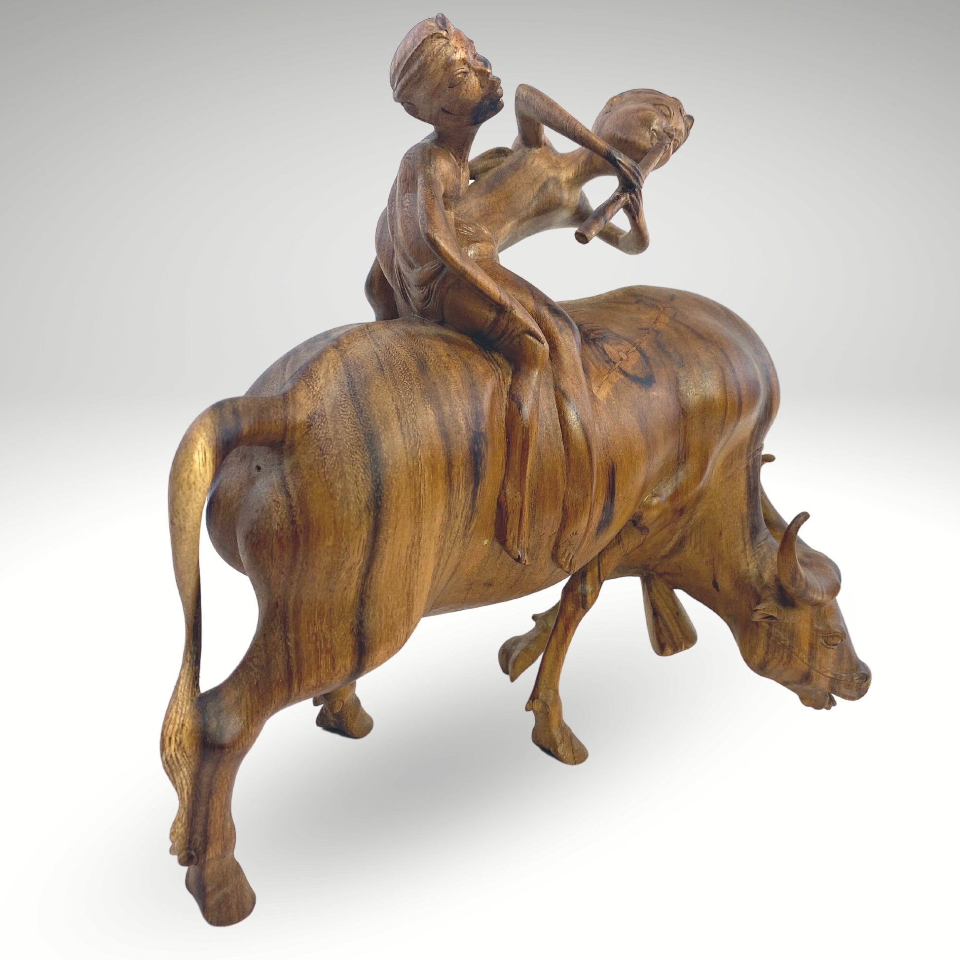 Balinese Playful Boys Riding Water Buffalo While Playing Flute Sculpture Statue Wood Carving hand carved wood Carving Vintage Bali folk Art - Acadia World Traders