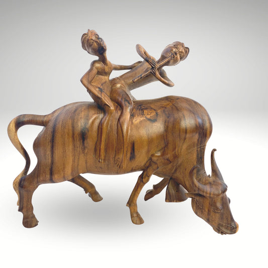 Balinese Playful Boys Riding Water Buffalo While Playing Flute Sculpture Statue Wood Carving hand carved wood Carving Vintage Bali folk Art - Acadia World Traders