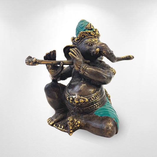 Ganapati Ganesha Murti Playing Flute Sculpture Cast Bronze Statue Hindu Elephant God Handmade lost wax cast Bali Art 5.5&quot; - Acadia World Traders