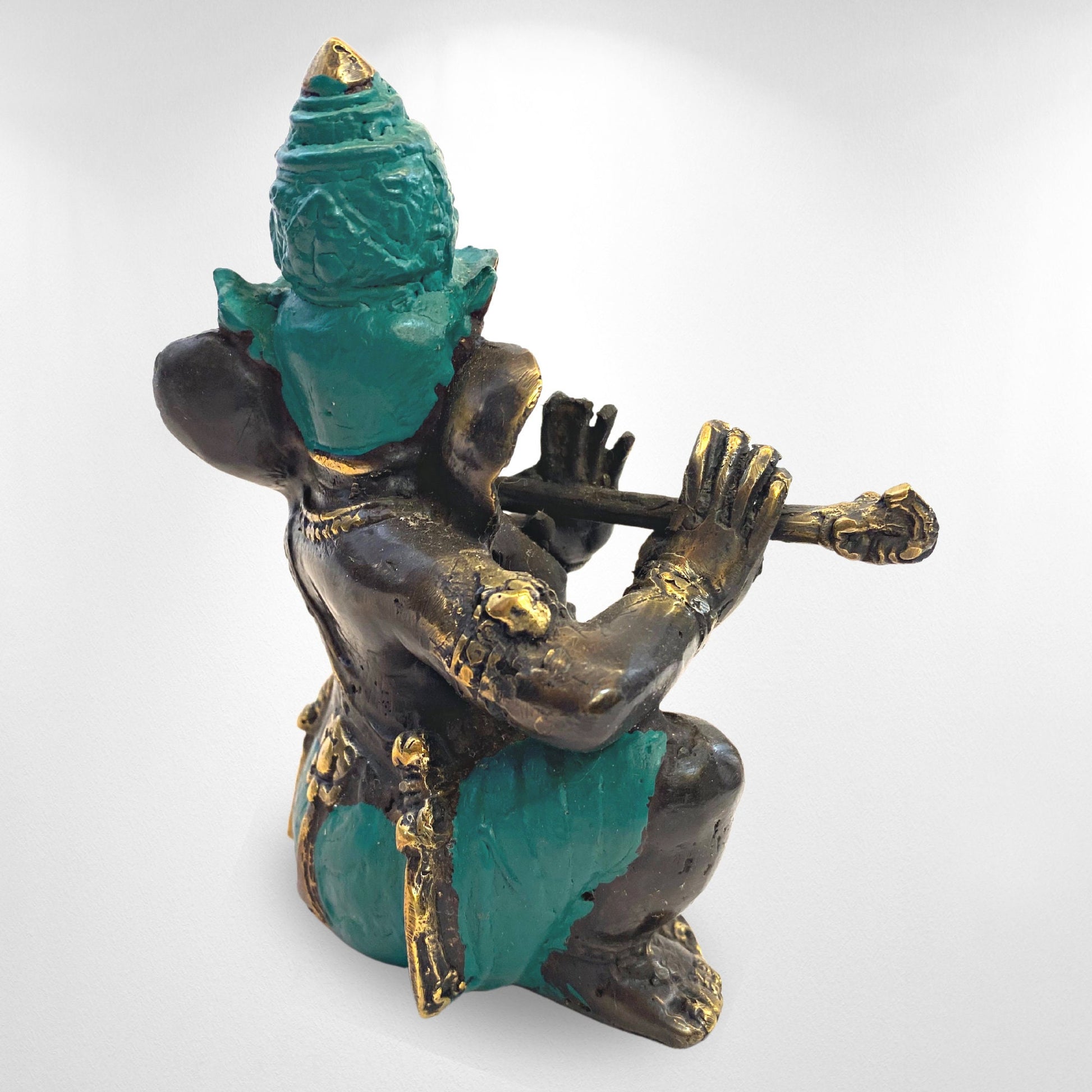 Ganapati Ganesha Murti Playing Flute Sculpture Cast Bronze Statue Hindu Elephant God Handmade lost wax cast Bali Art 5.5&quot; - Acadia World Traders