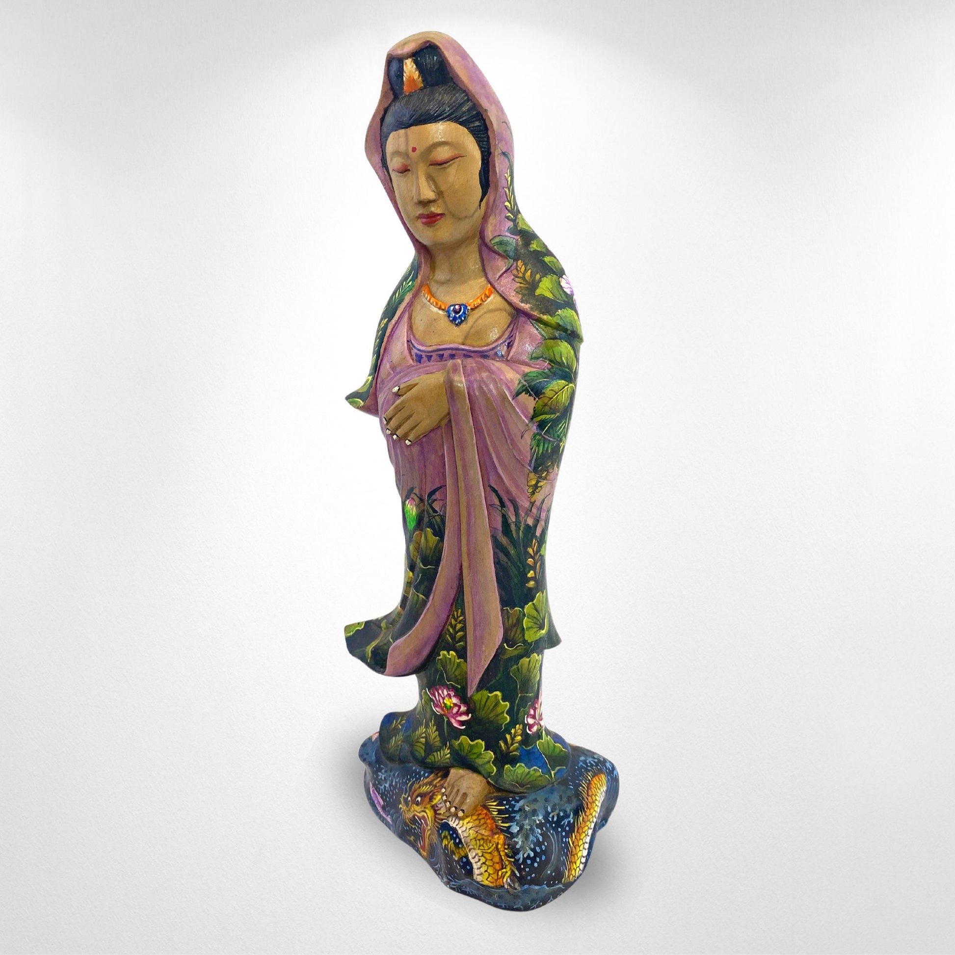 Guanyin Kwan Yin Bodhisattva Buddhist Goddess Compassion Sculpture Hand Carved Wood Carving Miniature  painting Statue Bali Art Purple - Acadia World Traders