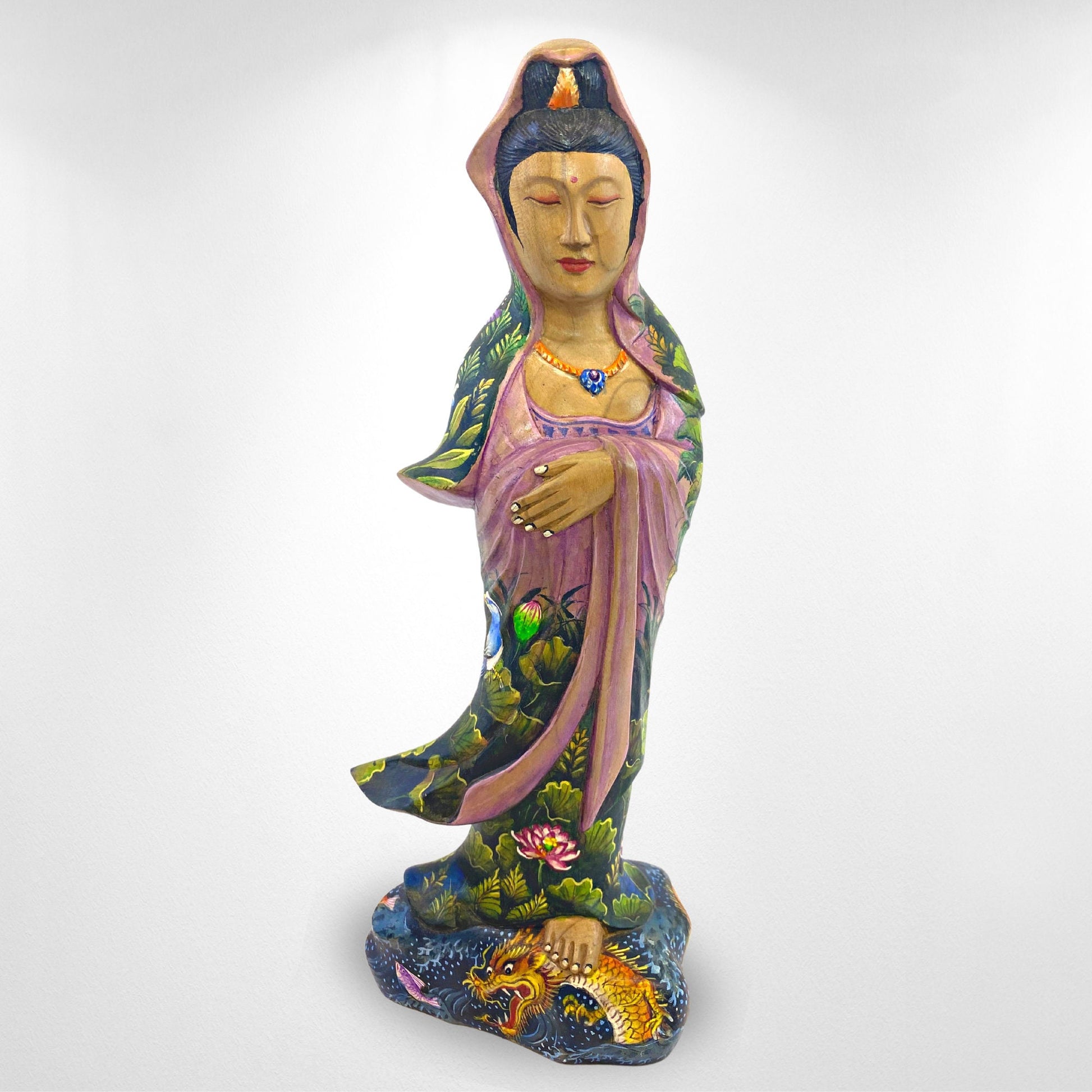 Guanyin Kwan Yin Bodhisattva Buddhist Goddess Compassion Sculpture Hand Carved Wood Carving Miniature  painting Statue Bali Art Purple - Acadia World Traders