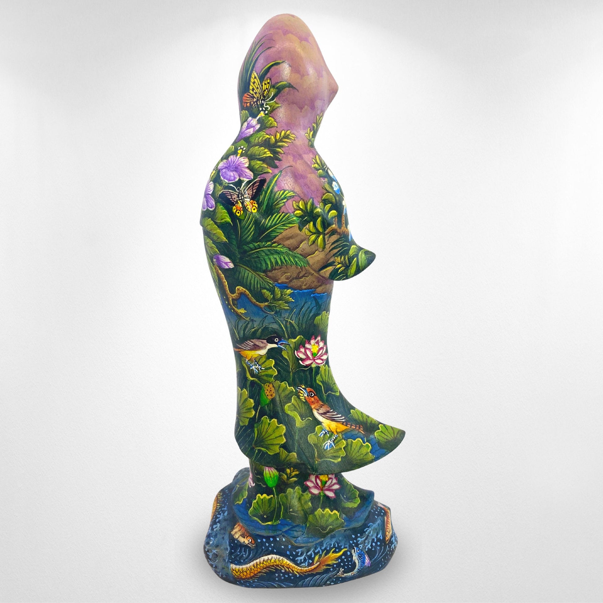 Guanyin Kwan Yin Bodhisattva Buddhist Goddess Compassion Sculpture Hand Carved Wood Carving Miniature  painting Statue Bali Art Purple - Acadia World Traders