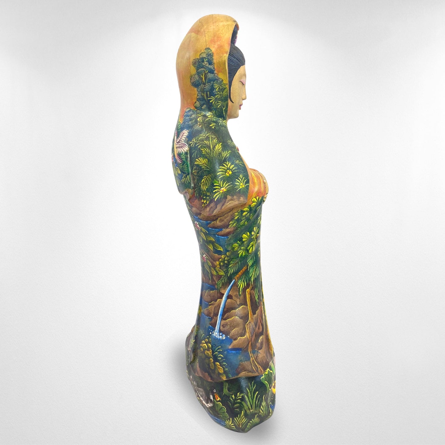 Hand Carved Kwan Yin Statue: Crocodile Wood, Balinese Landscape Art
