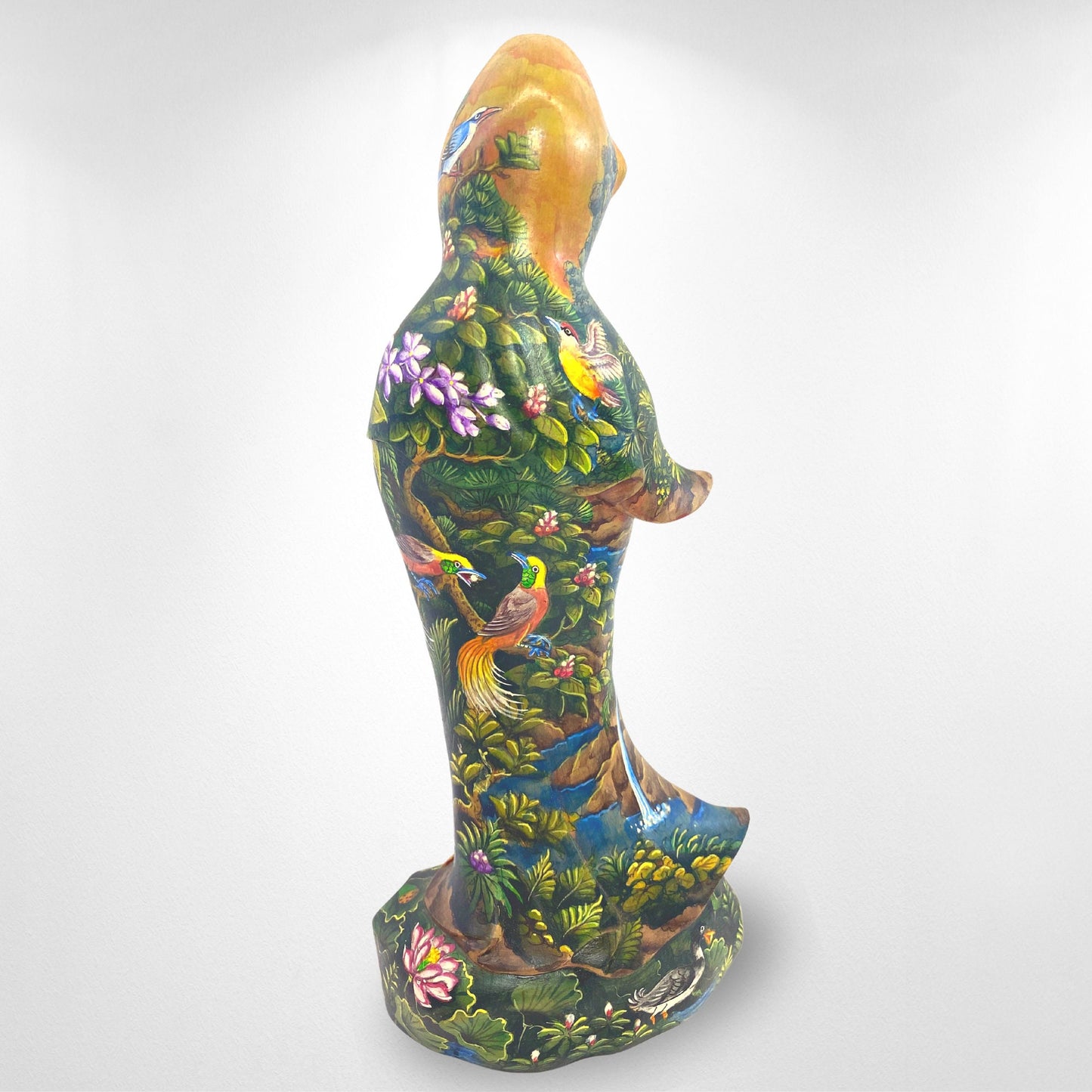 Hand Carved Kwan Yin Statue: Crocodile Wood, Balinese Landscape Art