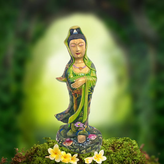 Guanyin Kwan Yin Bodhisattva Buddhist Goddess Compassion Sculpture Hand Carved Wood Carving Miniature  painting Statue Bali Art - Acadia World Traders