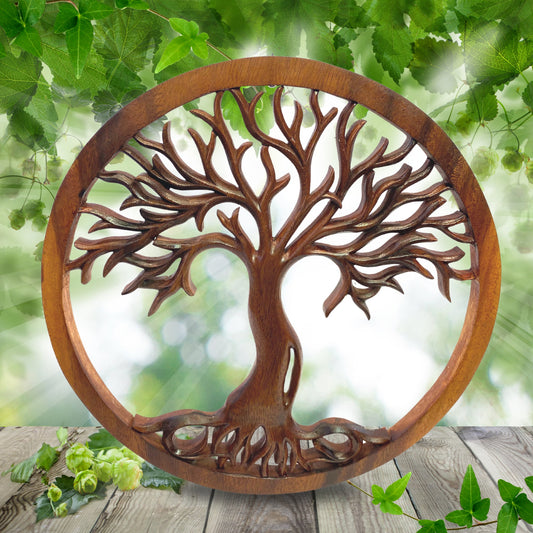 Tree of life Wooden Wall Art Sculpture Plaque Panel Hand Carved Suar Wood Carving Bali folk Art handmade Boho Eclectic Decor - Acadia World Traders