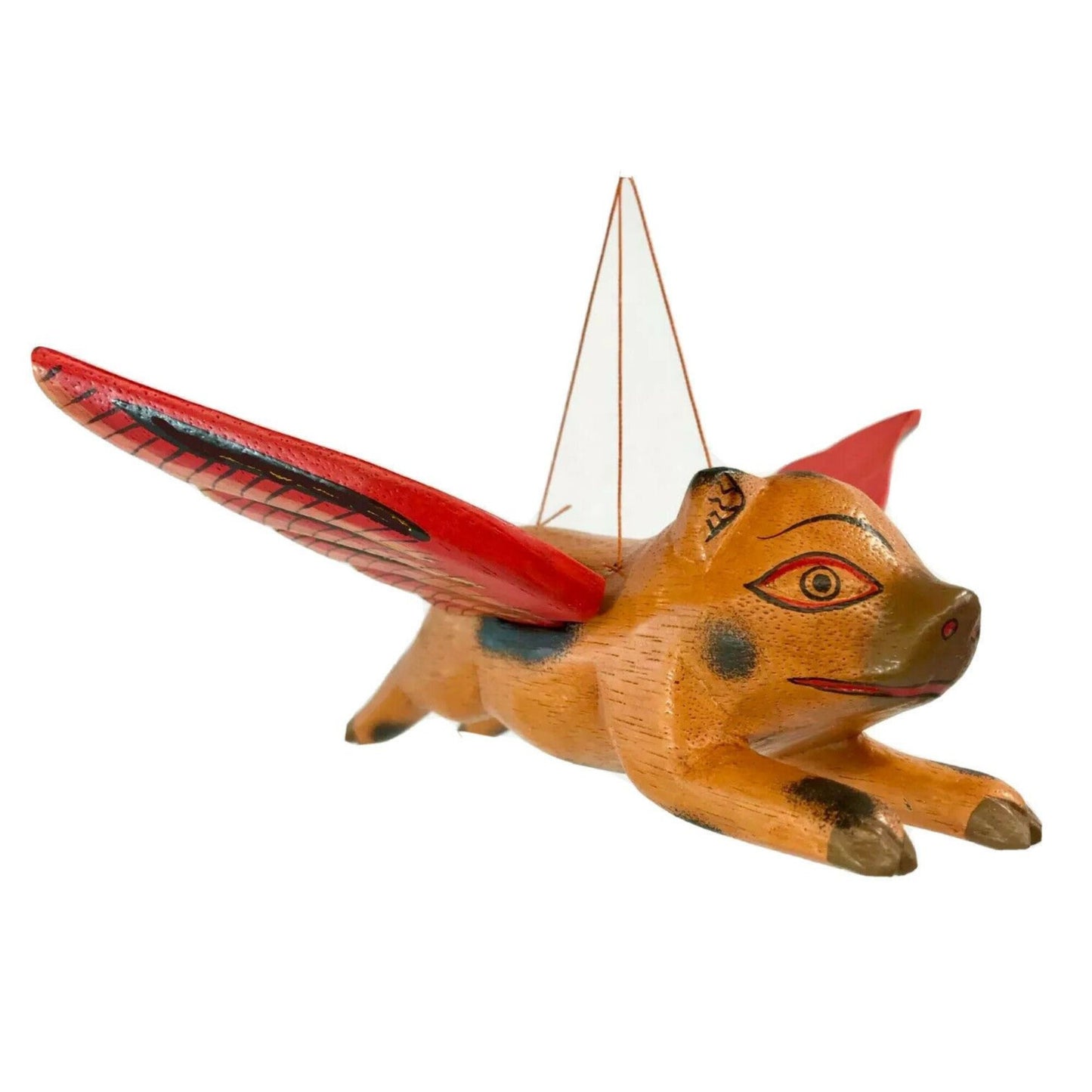 Balinese Flying Pig Mobile, Hand Carved Wood Spiritchaser, Bali Folk Art 6"