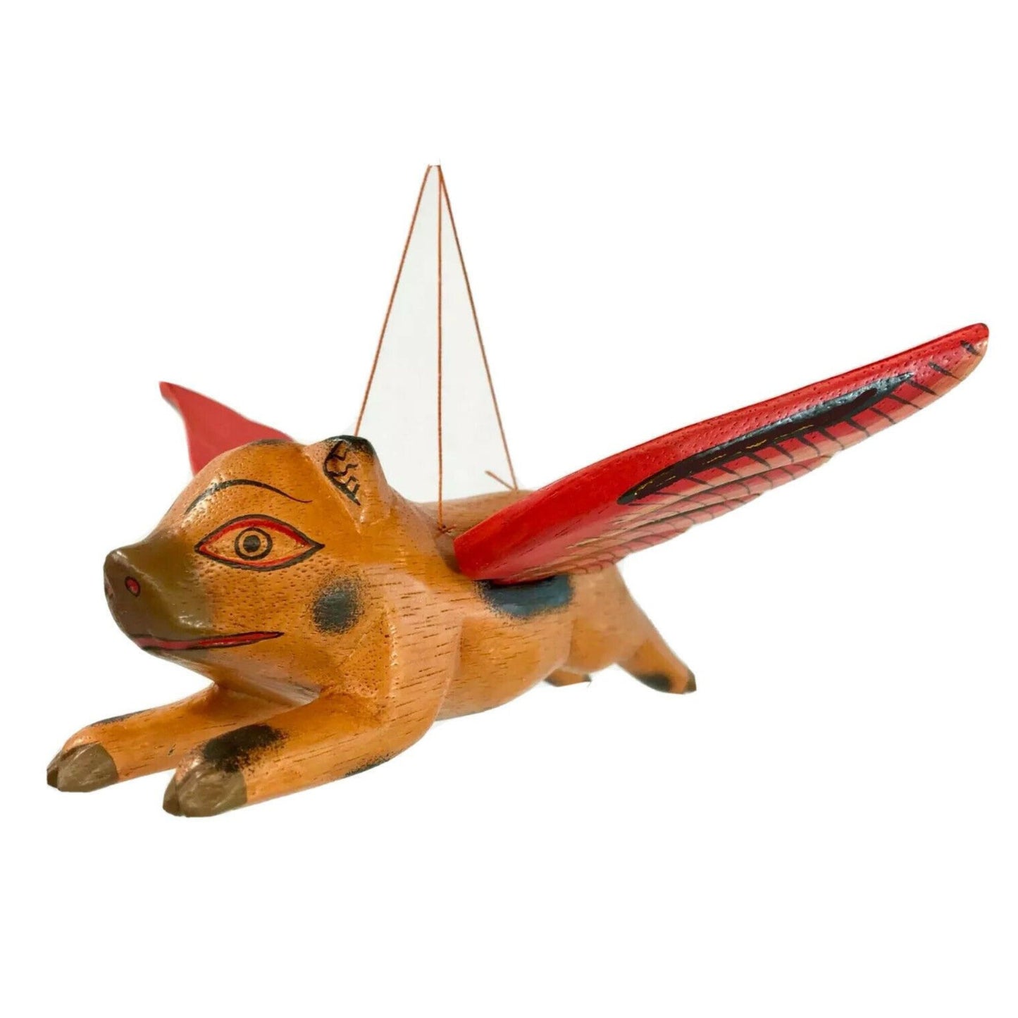 Balinese Flying Pig Mobile, Hand Carved Wood Spiritchaser, Bali Folk Art 6"