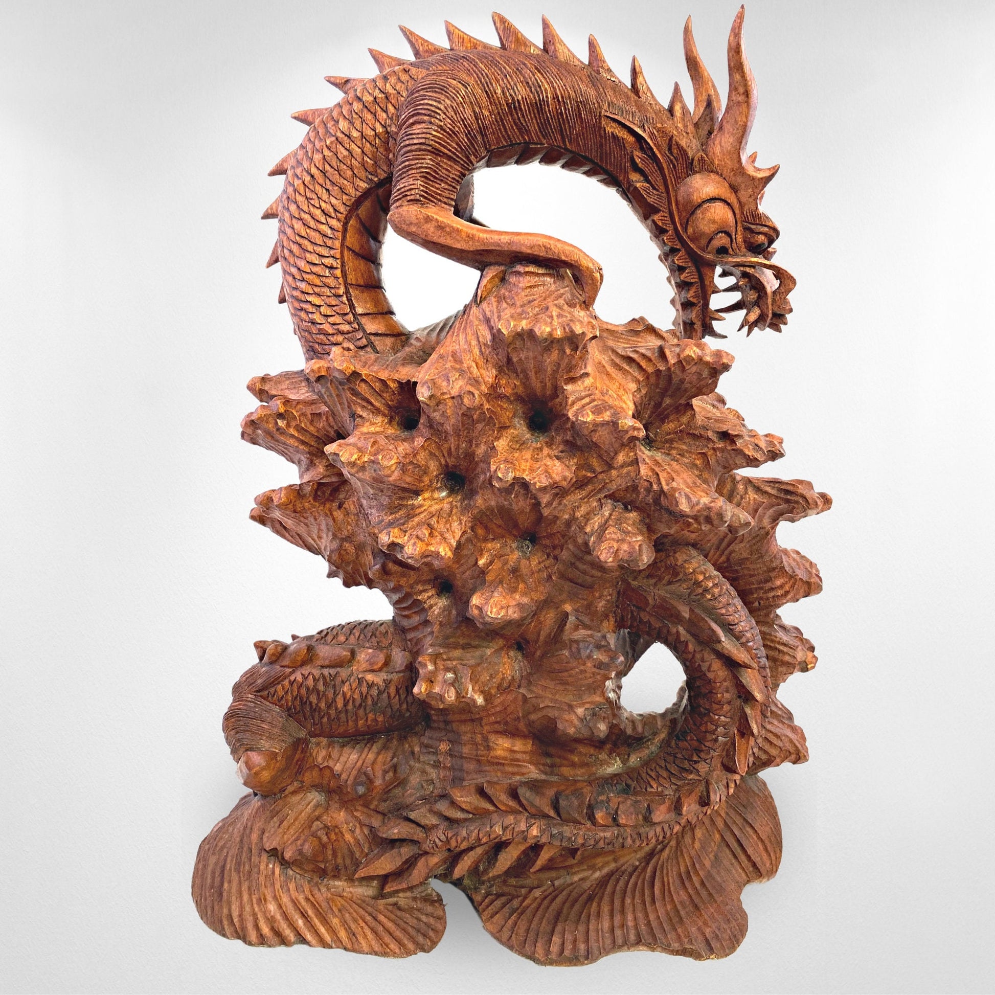 Twin Dragon Cosmic Naga Basuki Antaboga Statue Hand Carved Suar Wood Carving Sculpture Balinese handcrafted Folk Art 21&quot; - Acadia World Traders