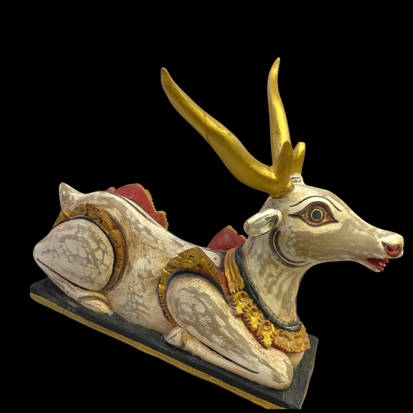 Balinese Vintage Deer Rusa Statue Temple Guardian Polychrome Sculpture hand carved wood Carving Bali Folk art statue Indonesian