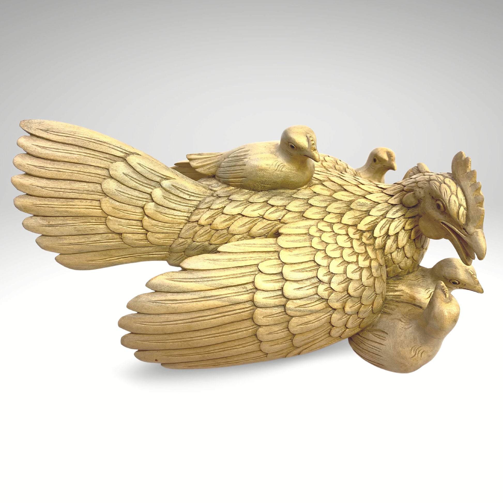 Mother Hen Wood Carving Sculpture Chicken with Brood of Chicks Hand Carved Wood Carving Balinese Folk Art Statue - Acadia World Traders