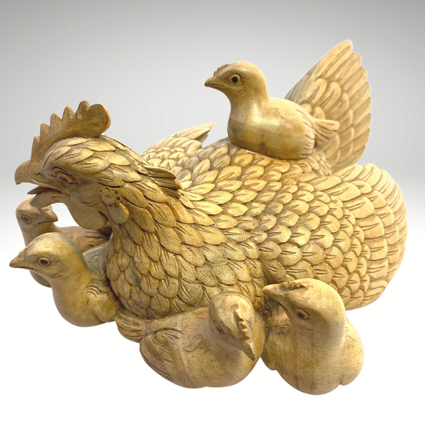 Mother Hen Wood Carving Sculpture Chicken with Brood of Chicks Hand Carved Wood Carving Balinese Folk Art Statue - Acadia World Traders