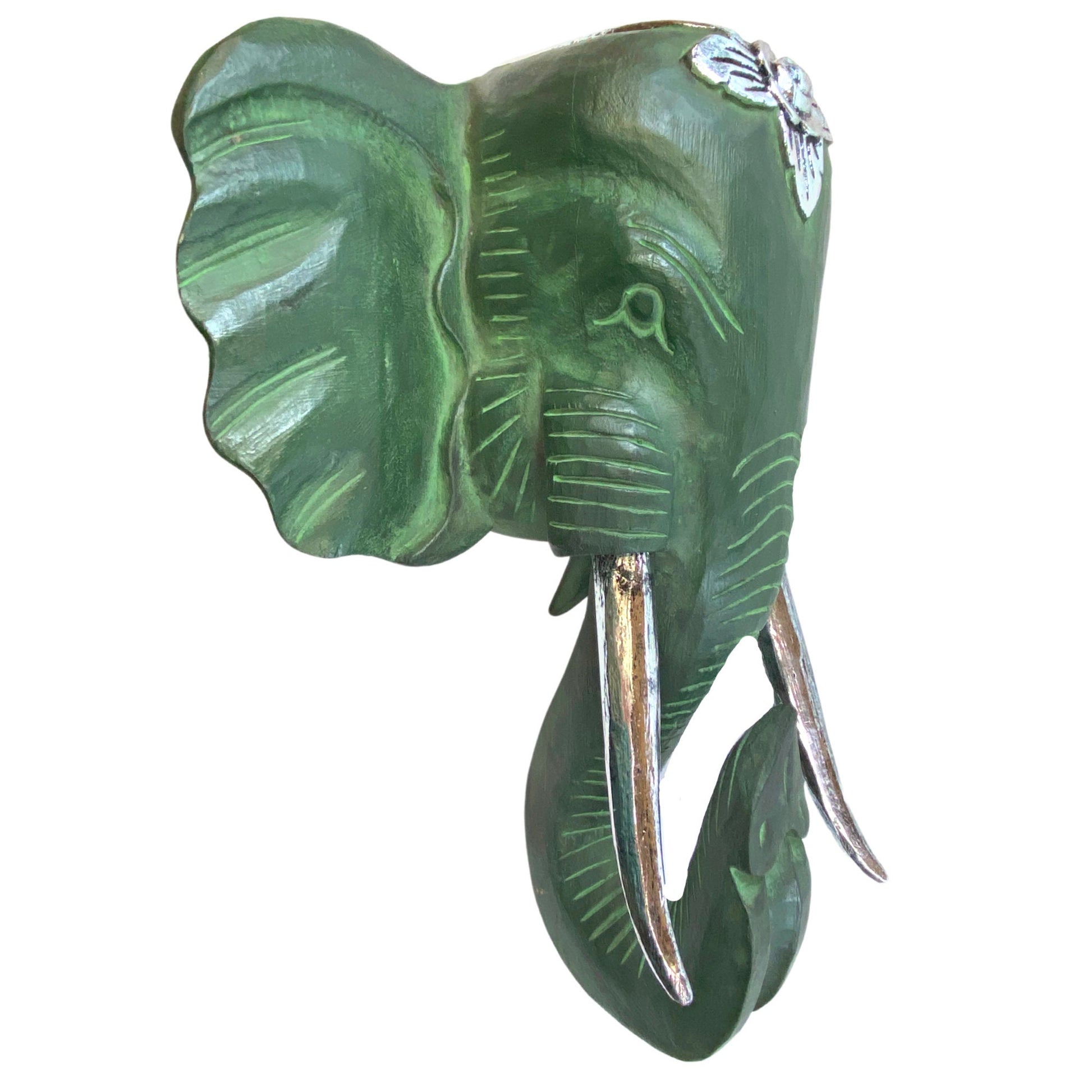 Balinese Ganesha Mask Elephant Teal Silver Hand Carved Wooden Wall Decor Wood Carving Bali Folk wall art - Acadia World Traders