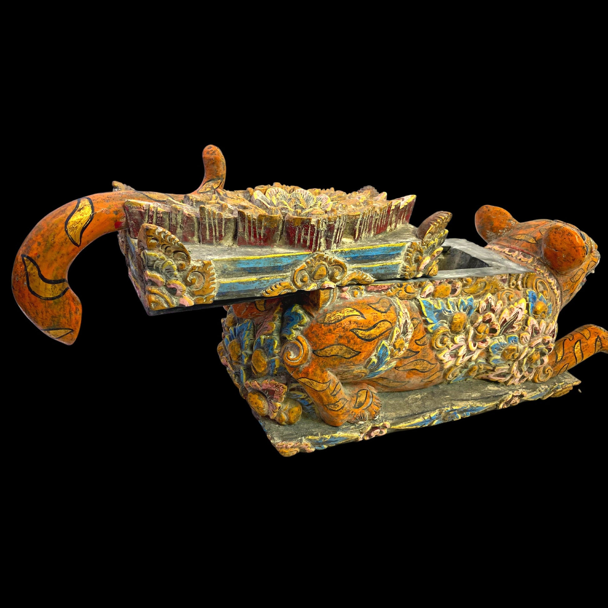 Balinese Barong Tiger Cat Offering Box Singa Macan Keropak Polychrome Hand Carved Cempaka Wood Bali Temple Folk Art Orange Tiger stripes 22&quot; - Acadia World Traders