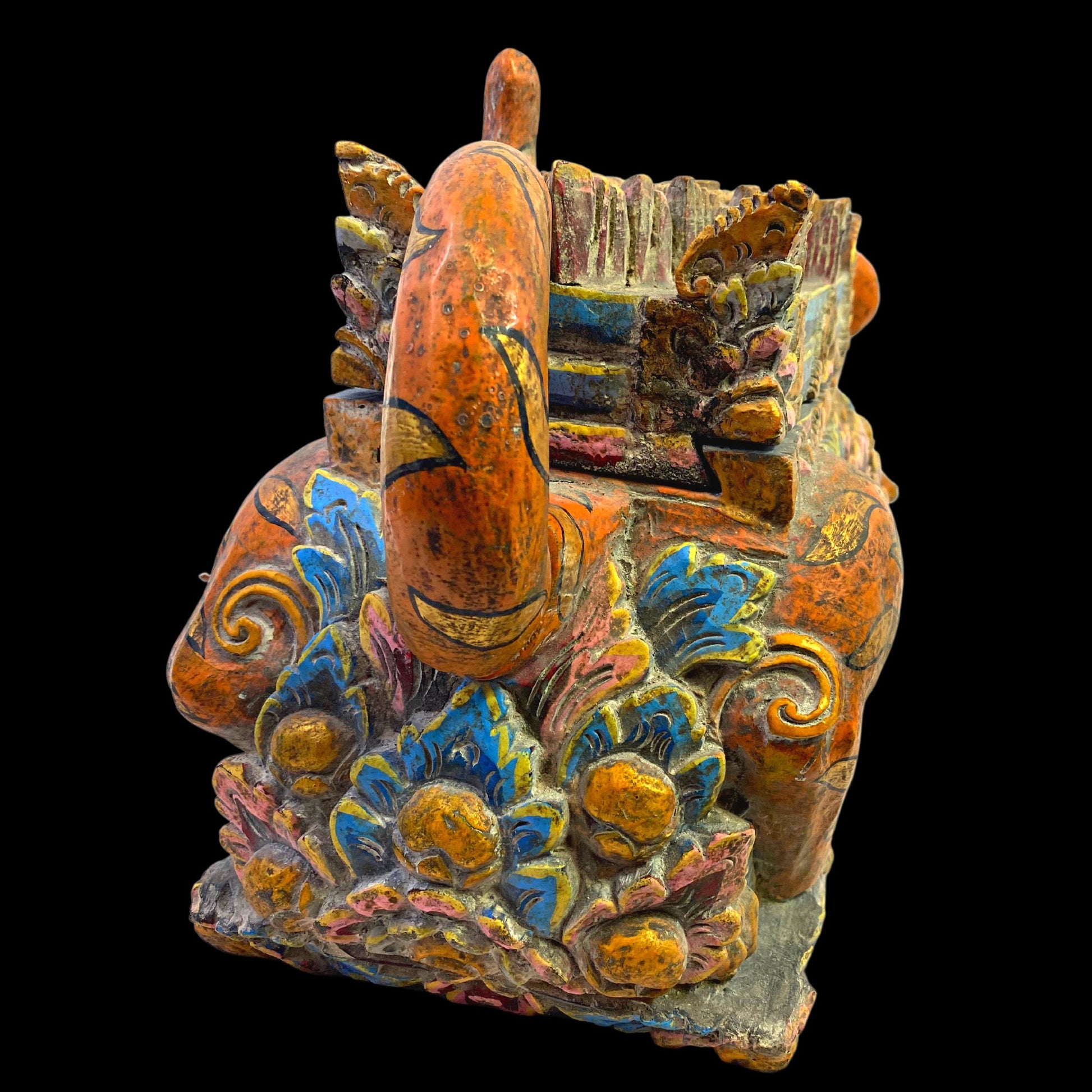Balinese Barong Tiger Cat Offering Box Singa Macan Keropak Polychrome Hand Carved Cempaka Wood Bali Temple Folk Art Orange Tiger stripes 22&quot; - Acadia World Traders