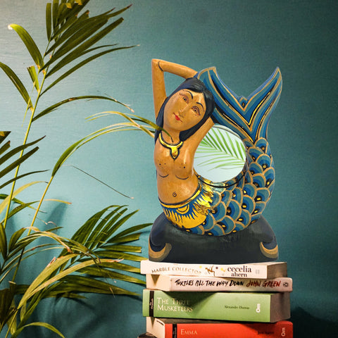 Balinese Mermaid Wooden Mirror Sea Siren Goddess Hand Carved Hand Painted Wood Carving Bali folk art Teal Nautical Boho Decor