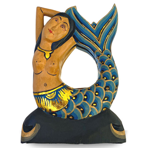 Balinese Mermaid Wooden Mirror Sea Siren Goddess Hand Carved Hand Painted Wood Carving Bali folk art Teal Nautical Boho Decor