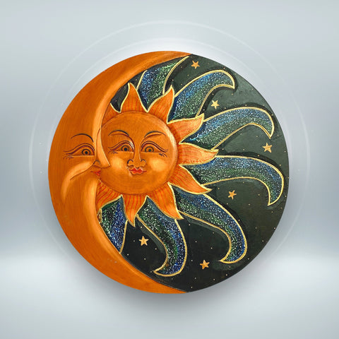 Sunburst Sun & Moon Wall sculpture plaque art Love Celestial Half MOON Celestial Carved hand painted Bali Balinese folk art Blue Green