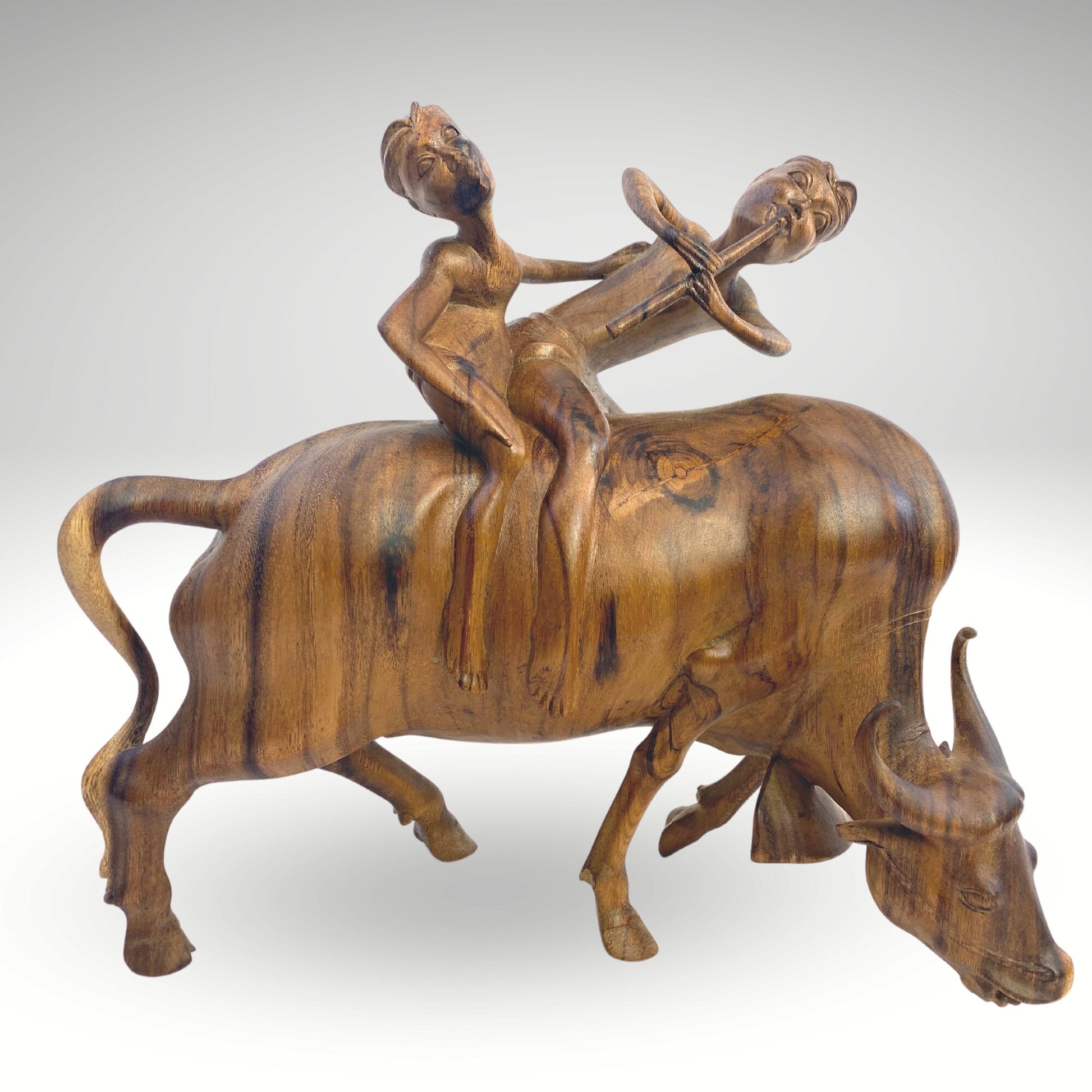 Balinese Playful Boys Riding Water Buffalo While Playing Flute Sculpture Statue Wood Carving hand carved wood Carving Vintage Bali folk Art - Acadia World Traders