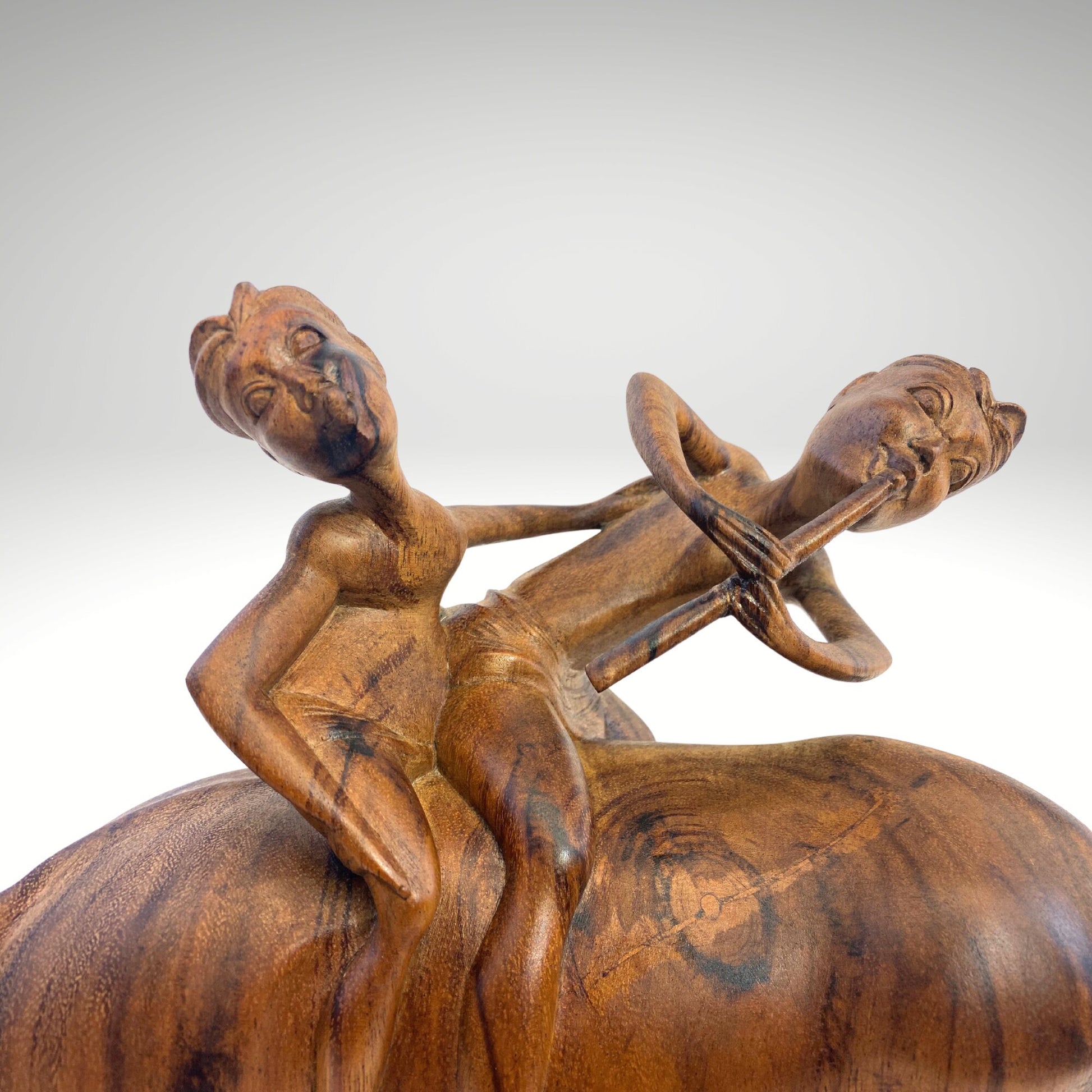 Balinese Playful Boys Riding Water Buffalo While Playing Flute Sculpture Statue Wood Carving hand carved wood Carving Vintage Bali folk Art - Acadia World Traders