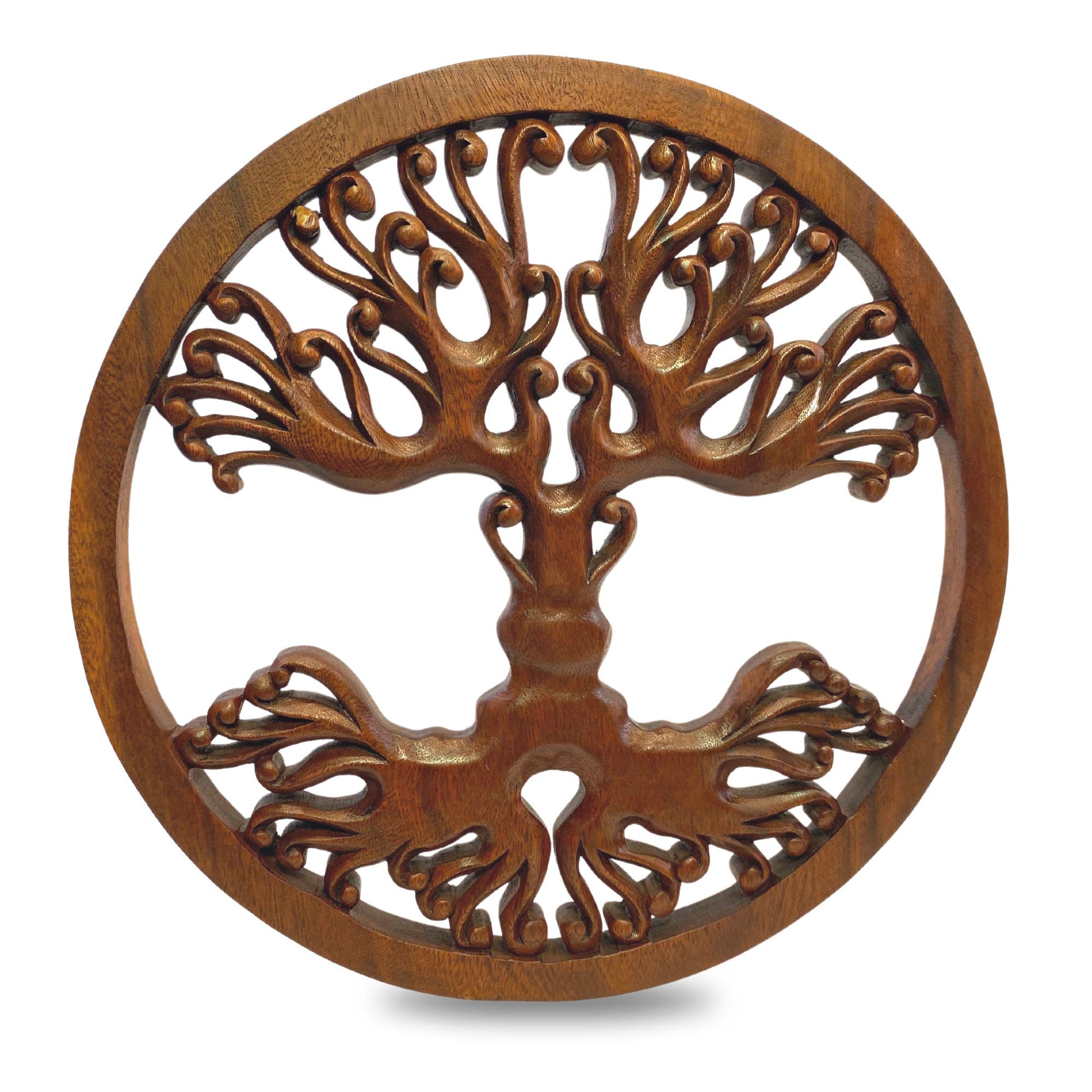 Tree of life Wooden Wall Art Sculpture Plaque Panel Hand Carved Suar wood carving Bali folk Art handmade Boho Eclectic decor - Acadia World Traders