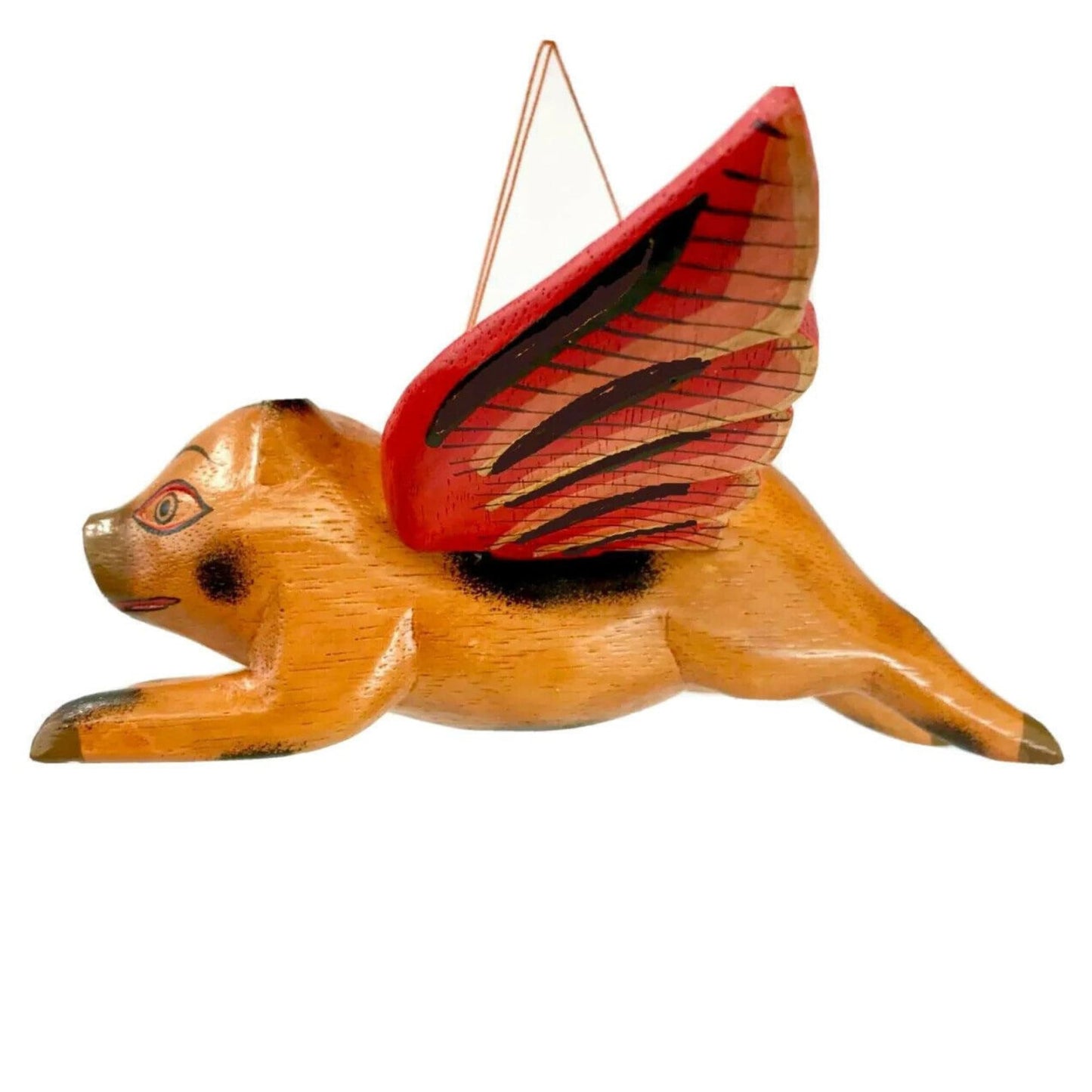 Balinese Flying Pig Mobile, Hand Carved Wood Spiritchaser, Bali Folk Art 6"