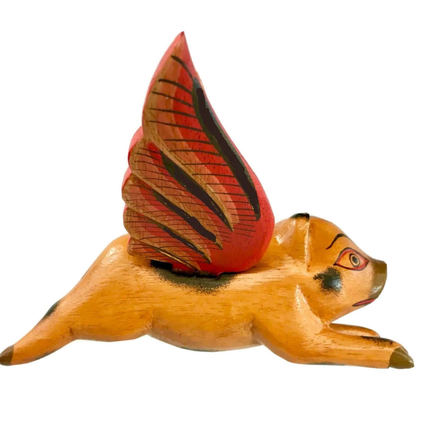 Balinese Flying Pig Mobile, Hand Carved Wood Spiritchaser, Bali Folk Art 6"
