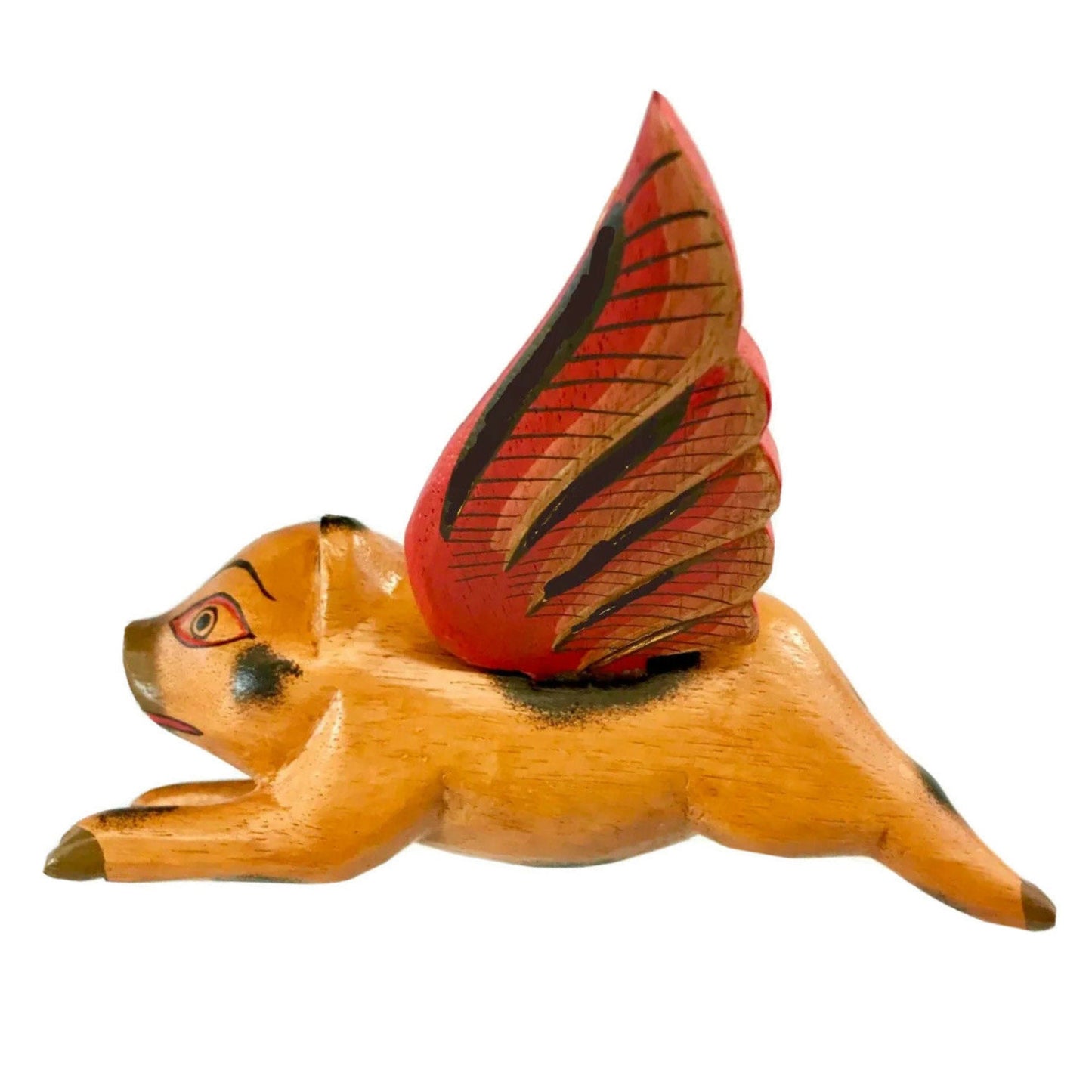 Balinese Flying Pig Mobile, Hand Carved Wood Spiritchaser, Bali Folk Art 6"
