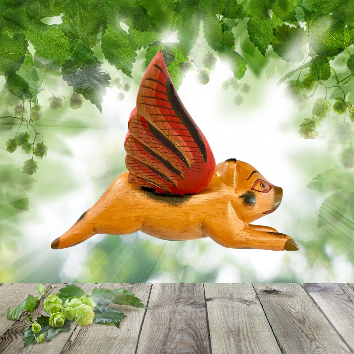 Balinese Flying Pig Mobile, Hand Carved Wood Spiritchaser, Bali Folk Art 6"