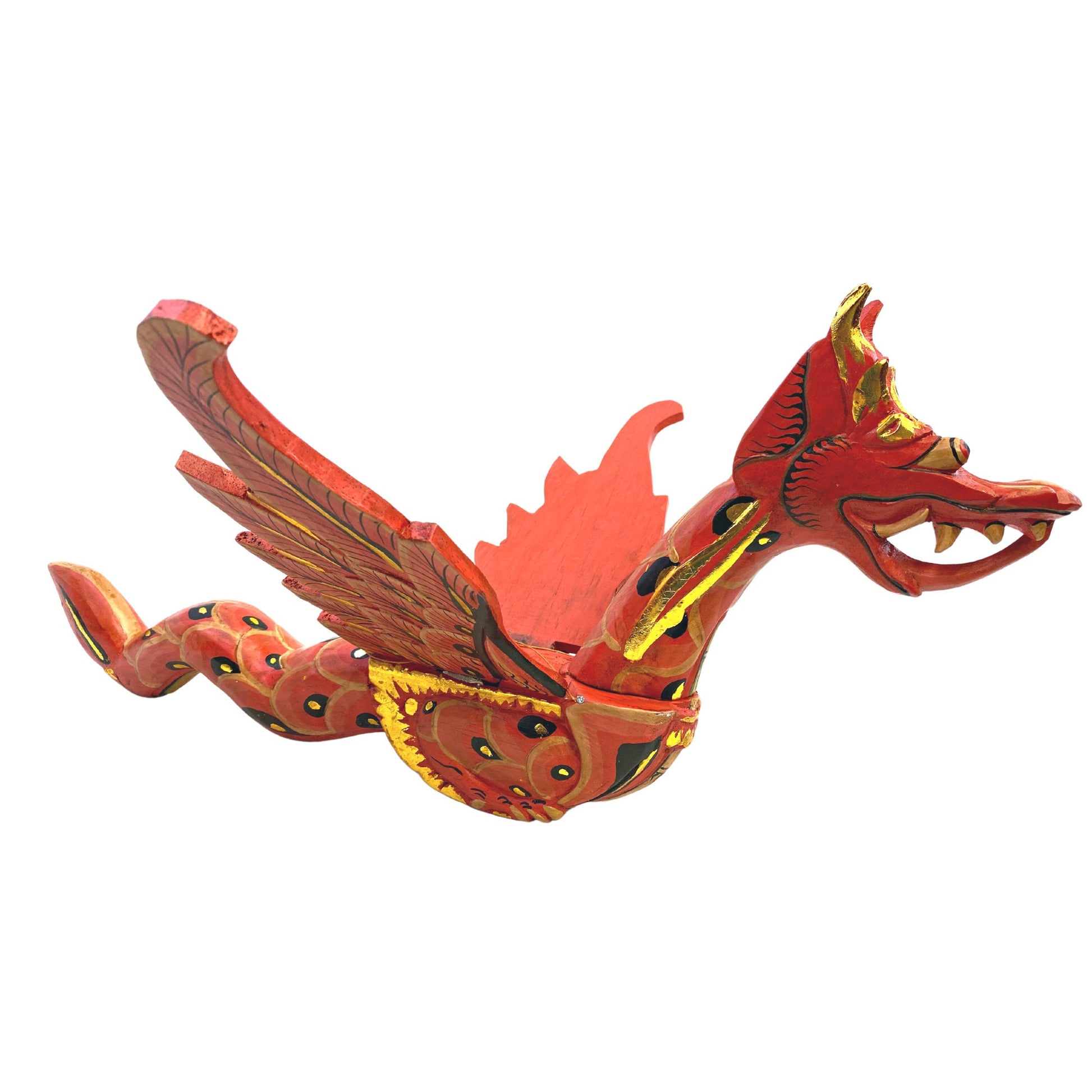 Balinese Flying Dragon Hanging Mobile Naga Spiritchaser Demon Chaser Hand Carved Wood Carving Bali Folk Art 21&quot; RED - Acadia World Traders