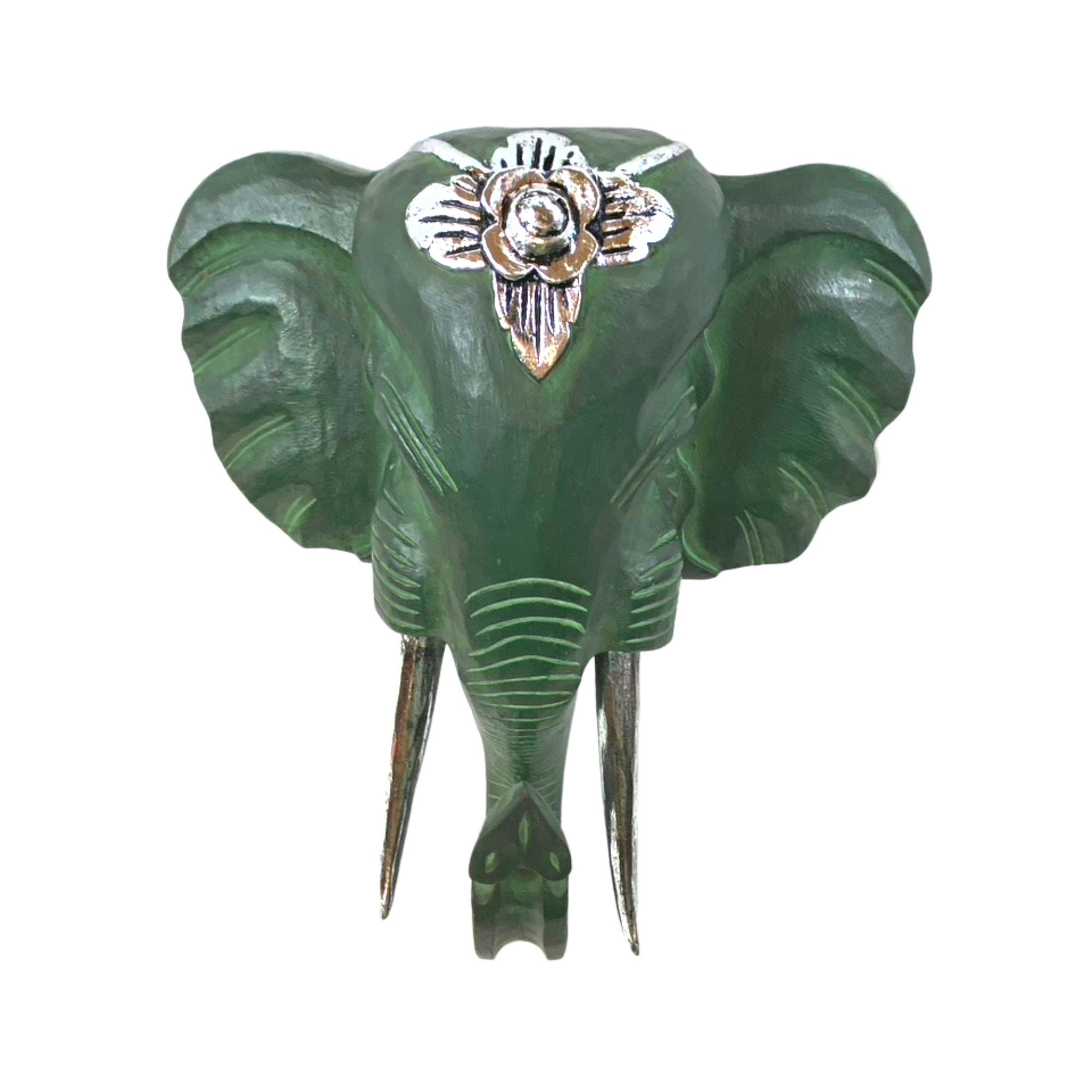 Balinese Ganesha Mask Elephant Teal Silver Hand Carved Wooden Wall Decor Wood Carving Bali Folk wall art - Acadia World Traders