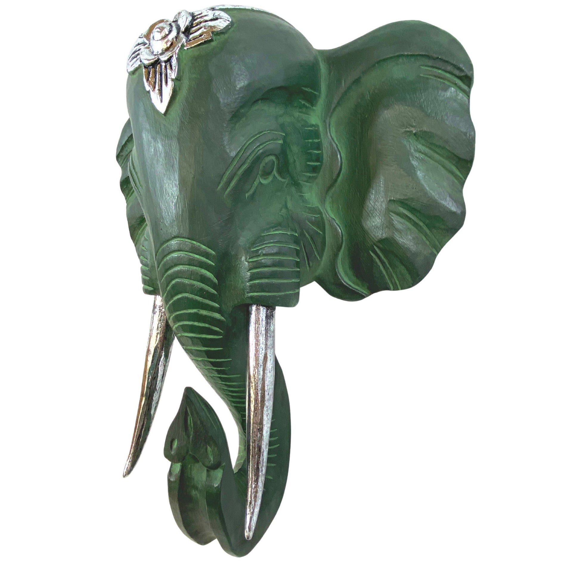 Balinese Ganesha Mask Elephant Teal Silver Hand Carved Wooden Wall Decor Wood Carving Bali Folk wall art - Acadia World Traders