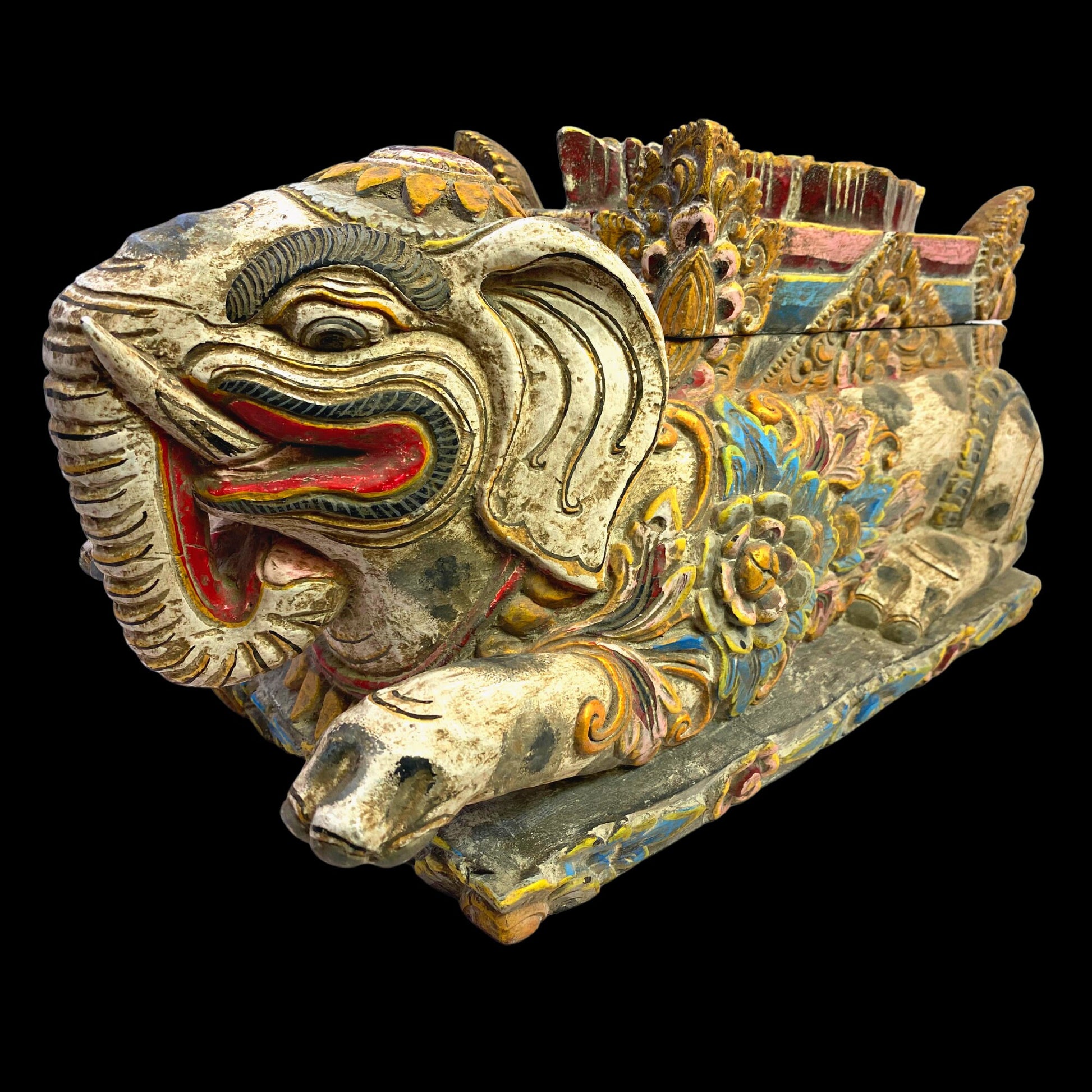 Balinese Elephant Offering Box Gajah Keropak Vintage Temple Chest Polychrome Hand Carved Cempaka Wood Carving Bali Folk Art 22 - Acadia World Traders