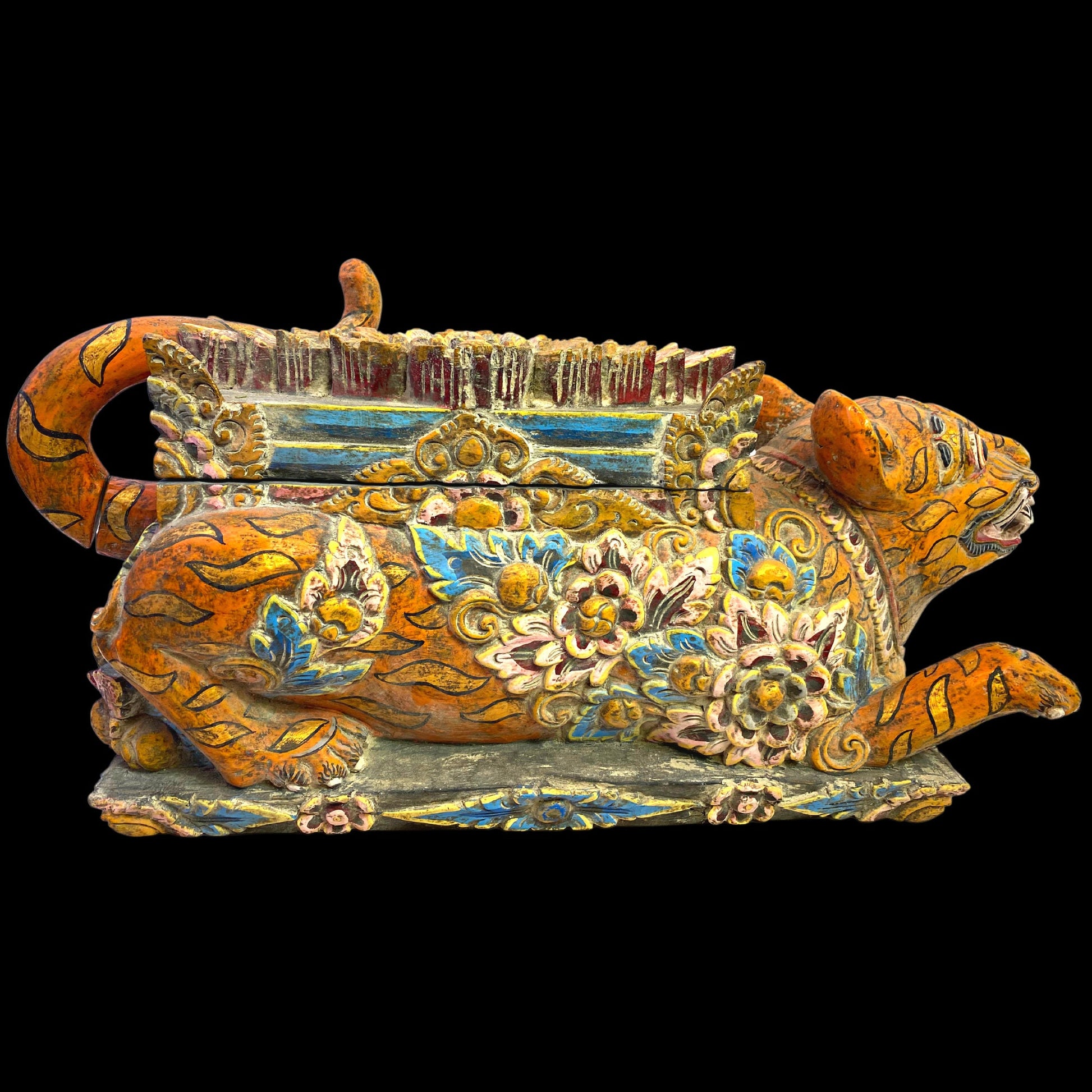 Balinese Barong Tiger Cat Offering Box Singa Macan Keropak Polychrome Hand Carved Cempaka Wood Bali Temple Folk Art Orange Tiger stripes 22&quot; - Acadia World Traders