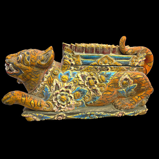 Balinese Barong Tiger Cat Offering Box Singa Macan Keropak Polychrome Hand Carved Cempaka Wood Bali Temple Folk Art Orange Tiger stripes 22&quot; - Acadia World Traders