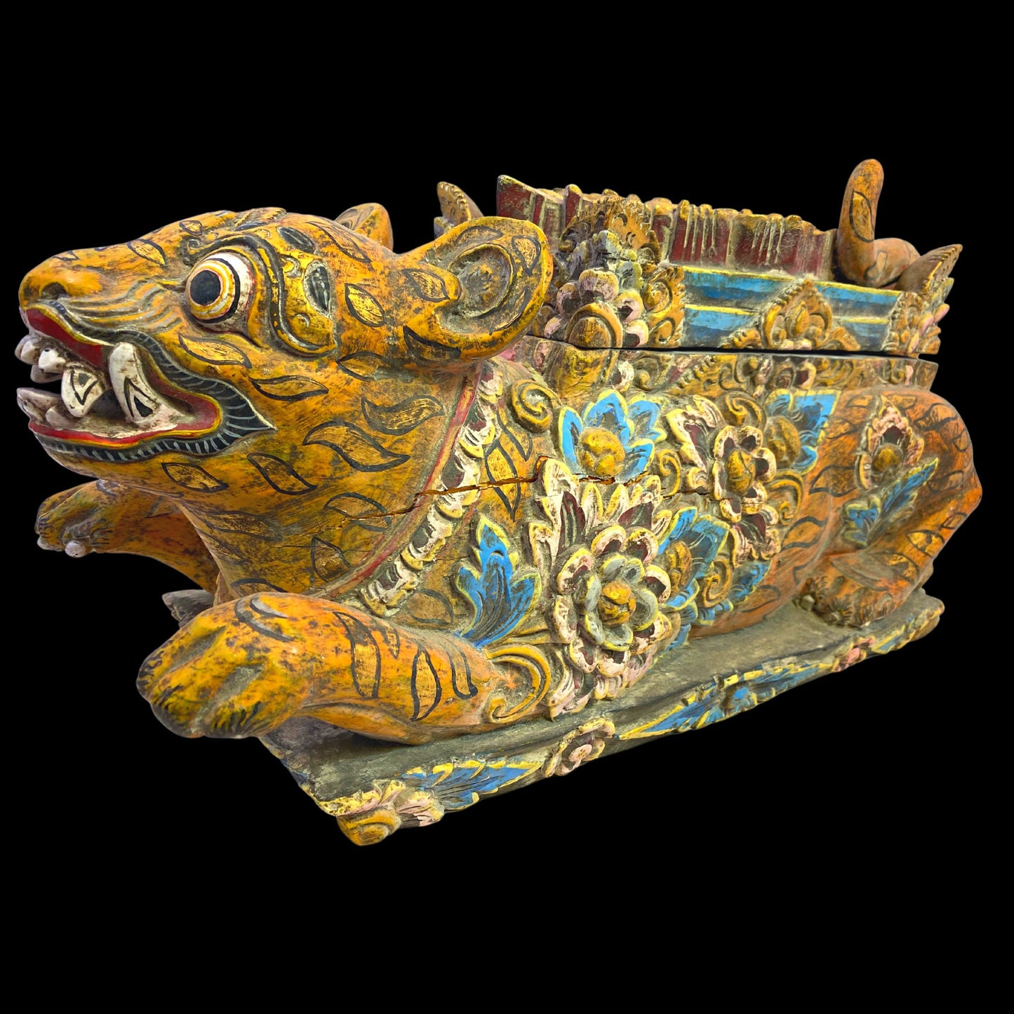 Balinese Barong Tiger Cat Offering Box Singa Macan Keropak Polychrome Hand Carved Cempaka Wood Bali Temple Folk Art Orange Tiger stripes 22&quot; - Acadia World Traders