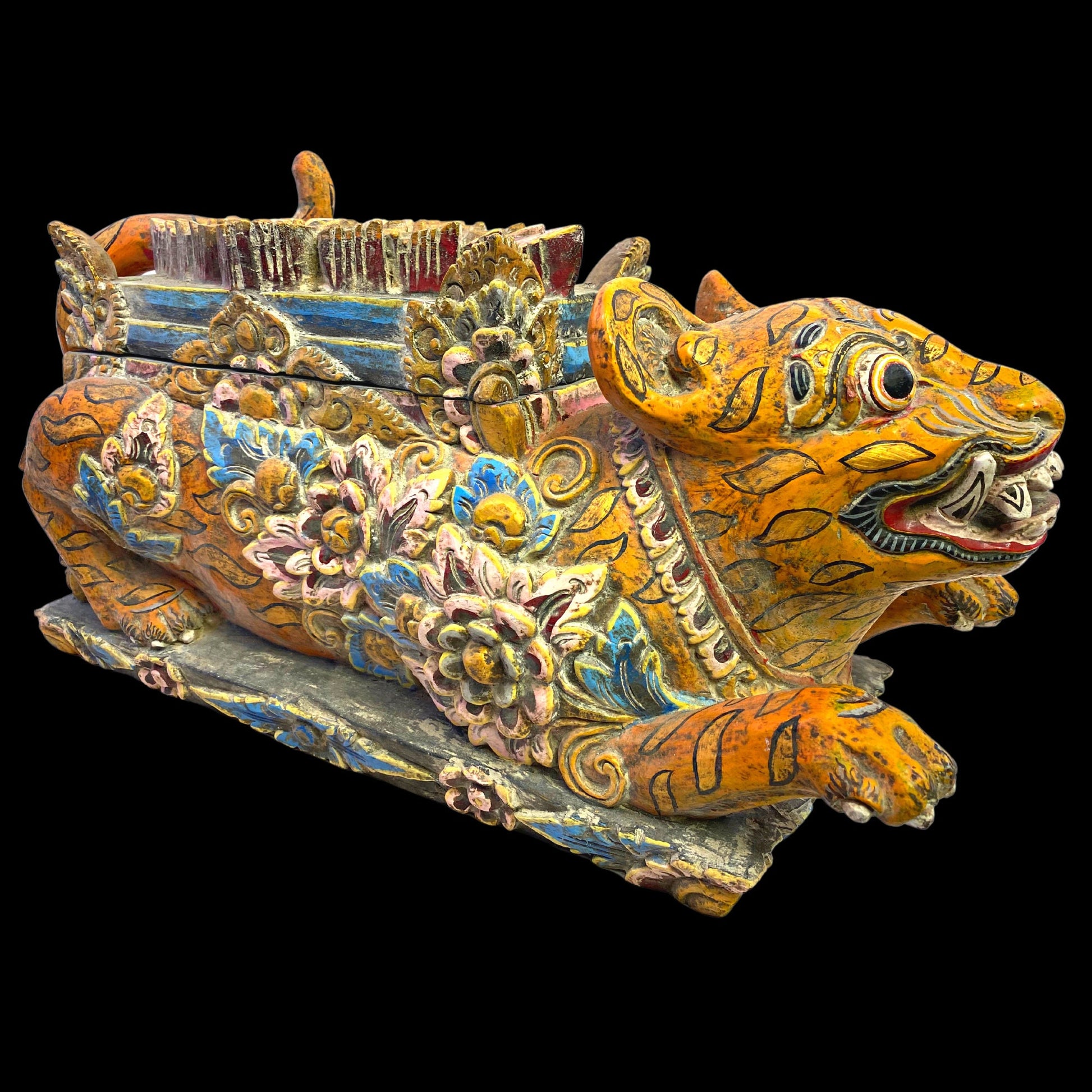 Balinese Barong Tiger Cat Offering Box Singa Macan Keropak Polychrome Hand Carved Cempaka Wood Bali Temple Folk Art Orange Tiger stripes 22&quot; - Acadia World Traders